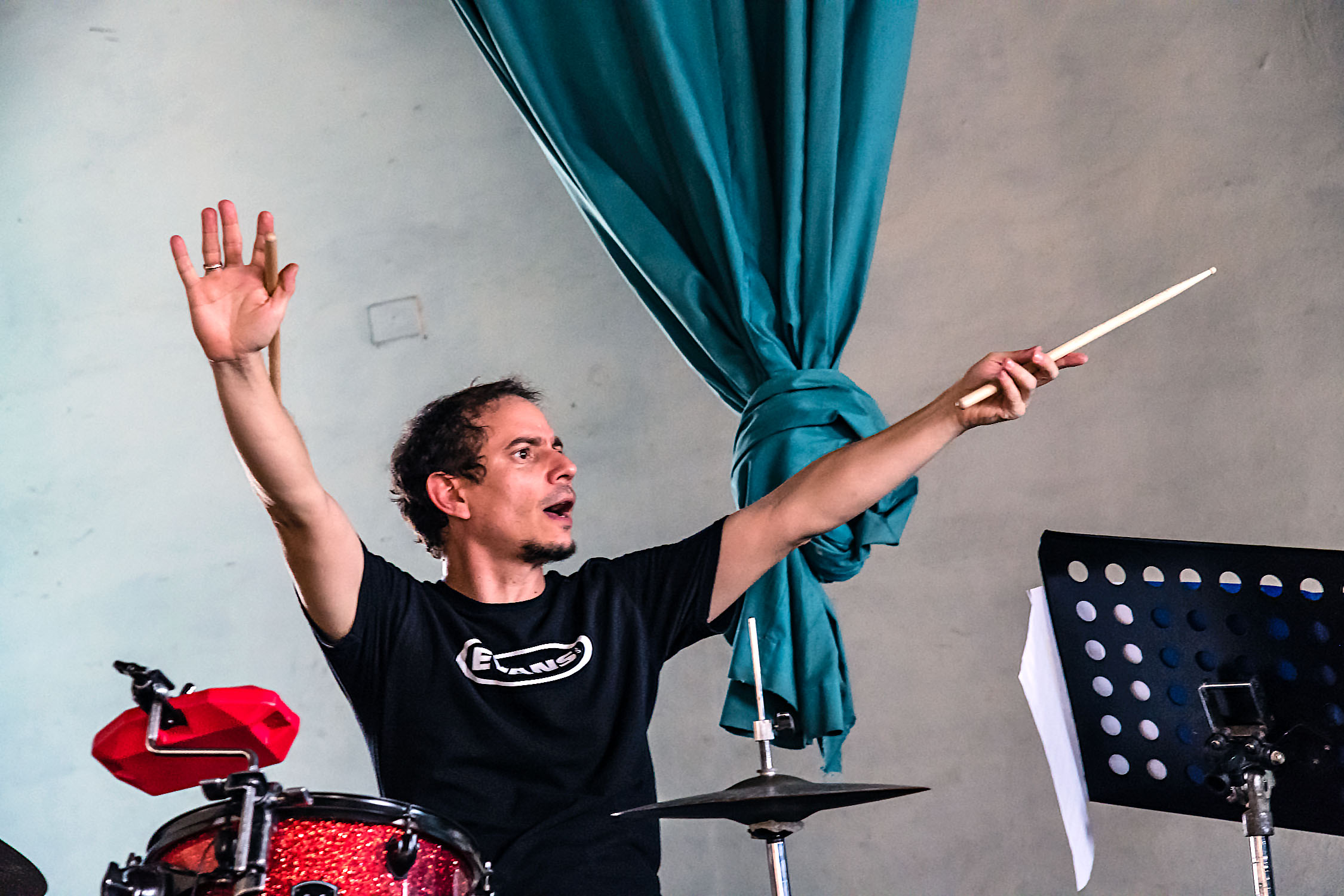 Dafnis Prieto at Dafnis Prieto Big Band rehearsal at Amadeo Roldan Conservatory, Havana, Cuba, January 2019 (Photo by David Garten)