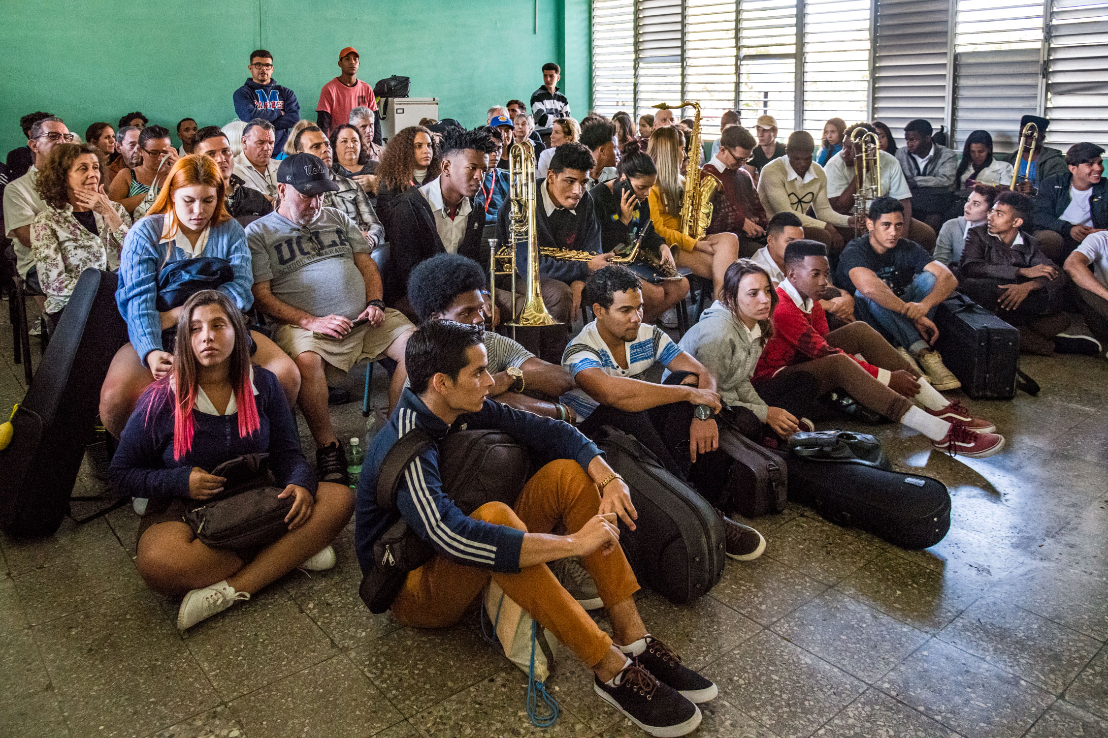 Students at Escuela Nacional de Arte (La ENA) prior to Dafnis Prieto Sextet master class, Havana, Cuba, January 2019 (Photo by David Garten)