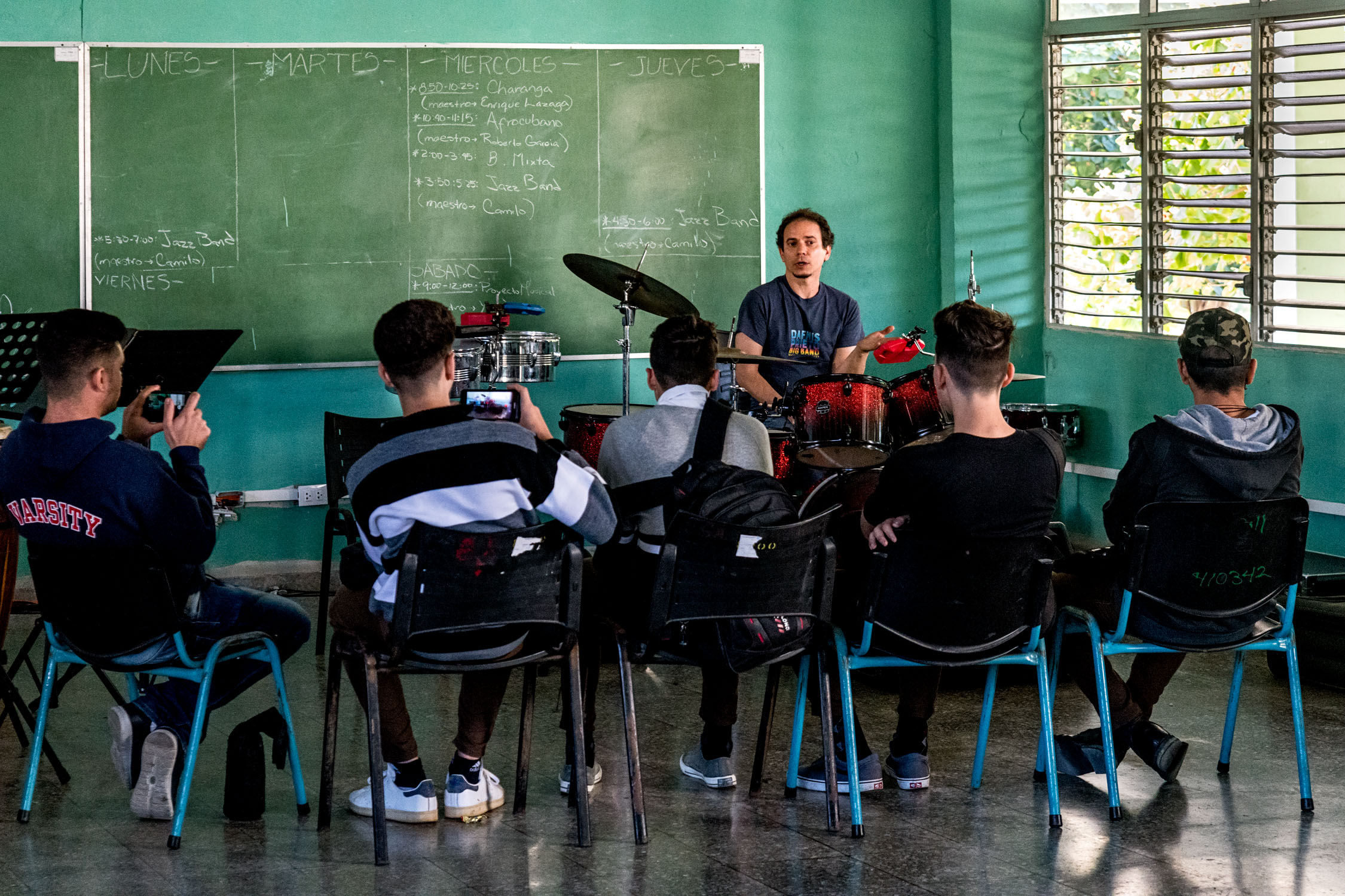 Dafnis Prieto teaching percussion students at Escuela Nacional de Arte (La ENA), Havana, Cuba, January 2019 (Photo by David Garten)