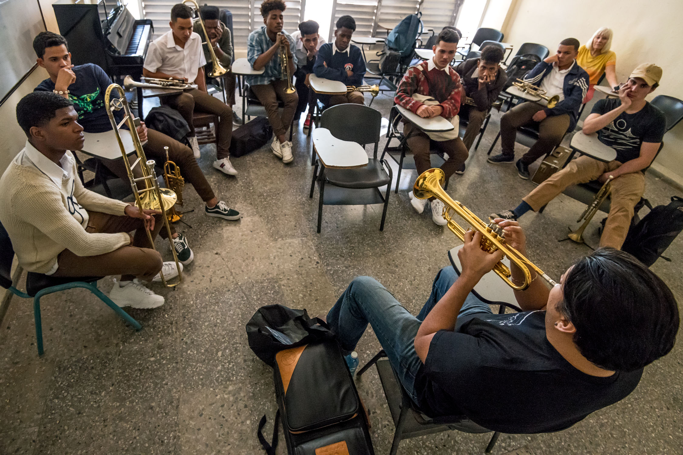 Mike Rodriguez teaching brass students at Escuela Nacional de Arte (La ENA), Havana, Cuba, January 2019 (Photo by David Garten)