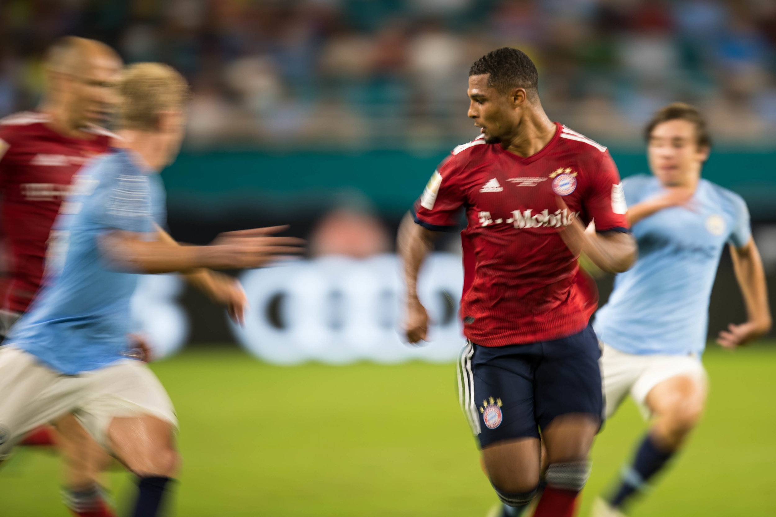  Bayern Munich's Serge Gnabry charges forward in an International Champions Cup match against Manchester City at Hard Rock Stadium in Miami Gardens on Saturday, July 28, 2018. 