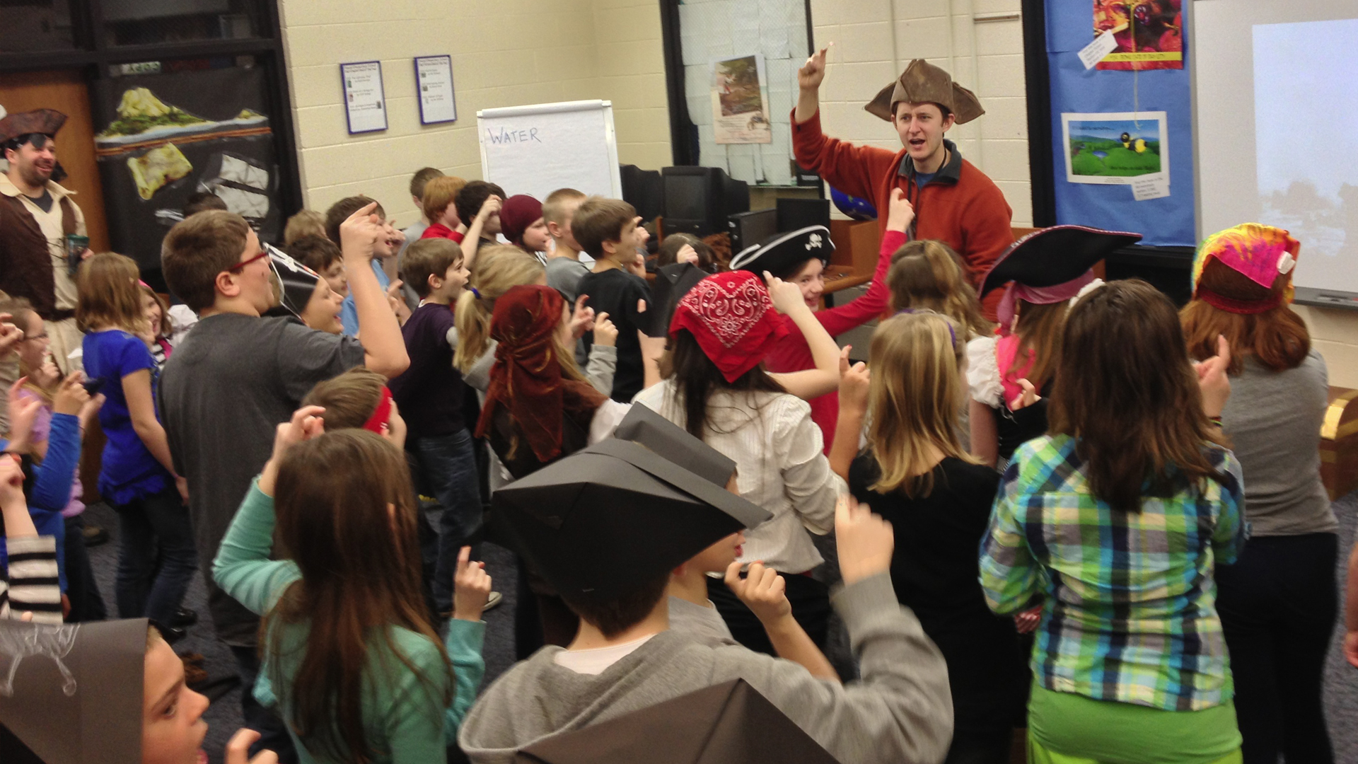 Laura and Robert Sams visit a Michigan school for a Pirate-themed Reading Month