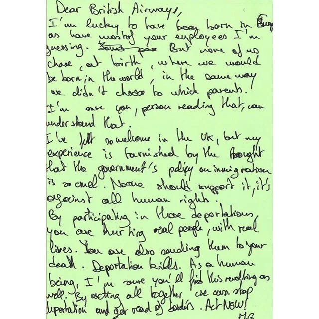#DearBA "None of us chose, at birth, where we would be born in the world" by M.G. #BA100 #stopdeportations @british_airways