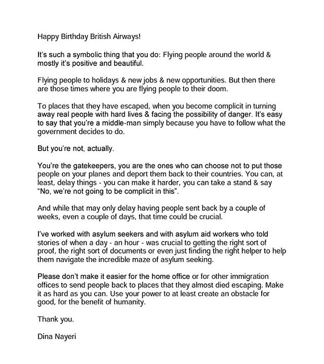 #DearBA &quot;You're the gatekeepers. You're the ones who can choose not to put those people on your planes and deport them back to their countries... You can take a stand and say, &quot;No, we're not going to be complicit in this!&quot;&quot; @DinaN