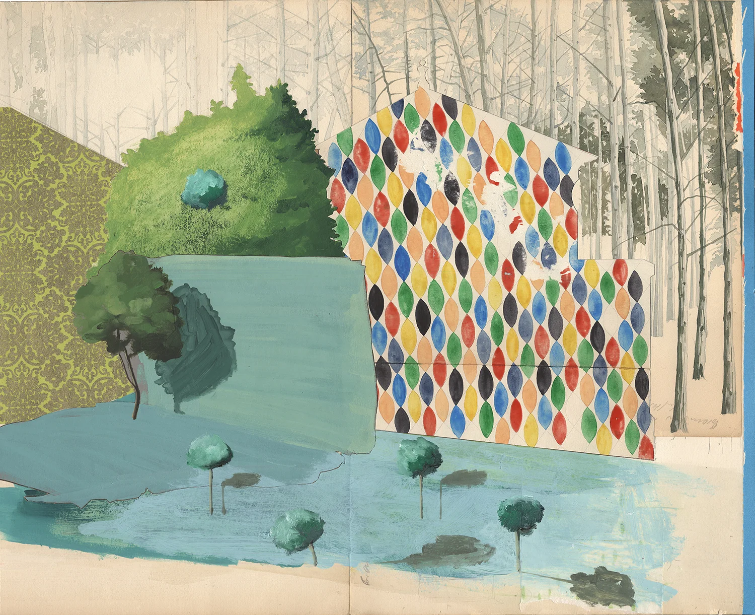 David Eager Maher, Courtyard , 2016, watercolor and oil on found paper, 57,5 x 70 cm