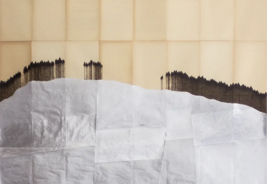 Michael Merkel, o.T. (Serie "Im Cynwald"), 2015-16, Folie, Tusche und Fineliner auf Buchseite, 142,5 x 104 cm (Detail)