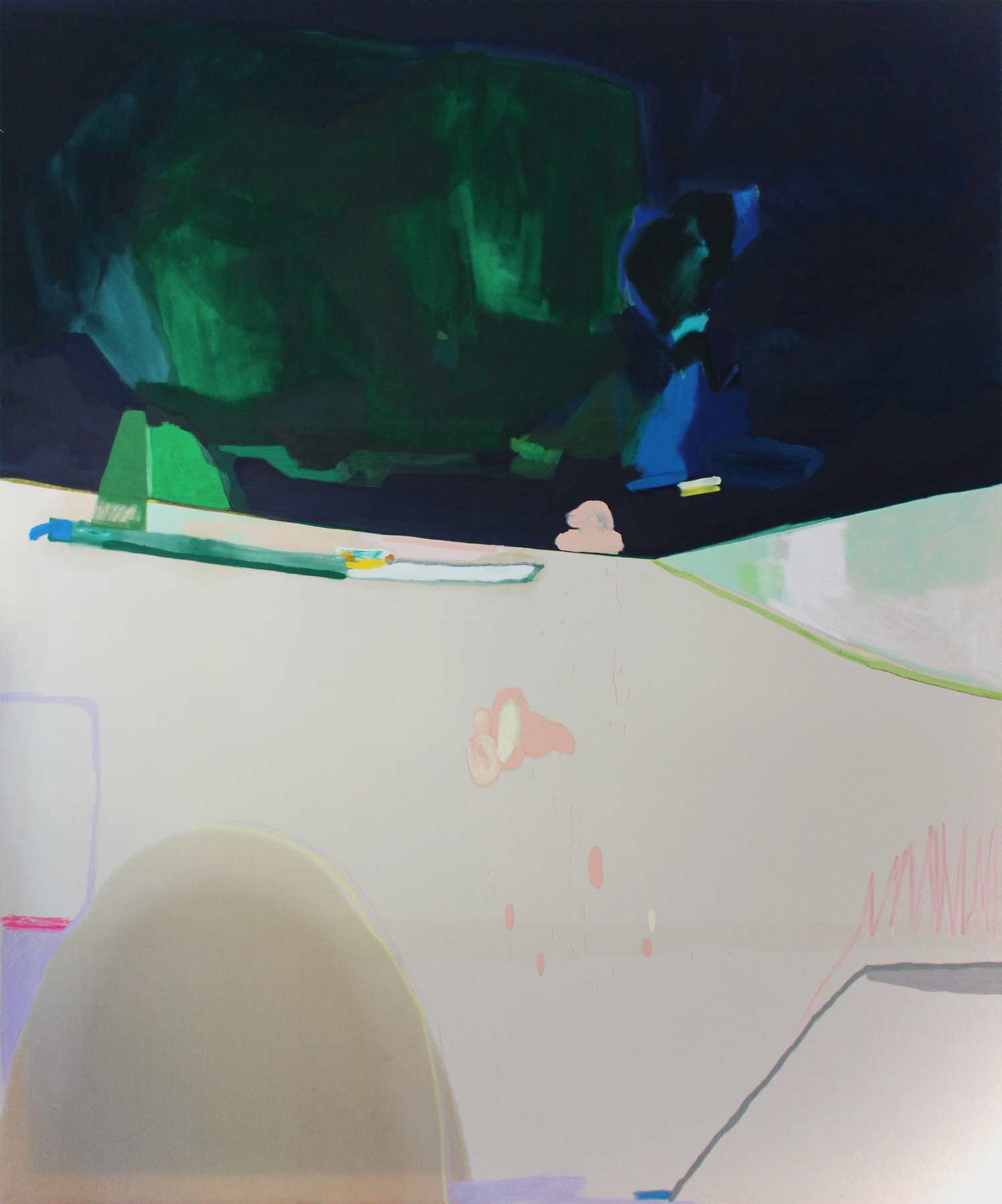  CHARLENE HAHNE,  Heavy Rain , 2017, Leinöl, Ölfarbe, Öl- pastellkreiden,Buntstift und Filzstift auf Leinwand, 240 × 200 cm 