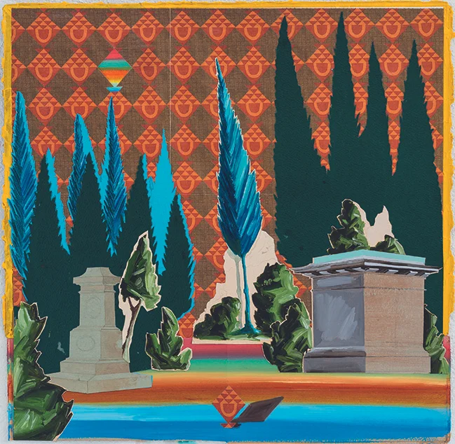 David Eager Maher, Sky Garden , 2018, Öl auf gefundenem Papier, 41 x 42 cm