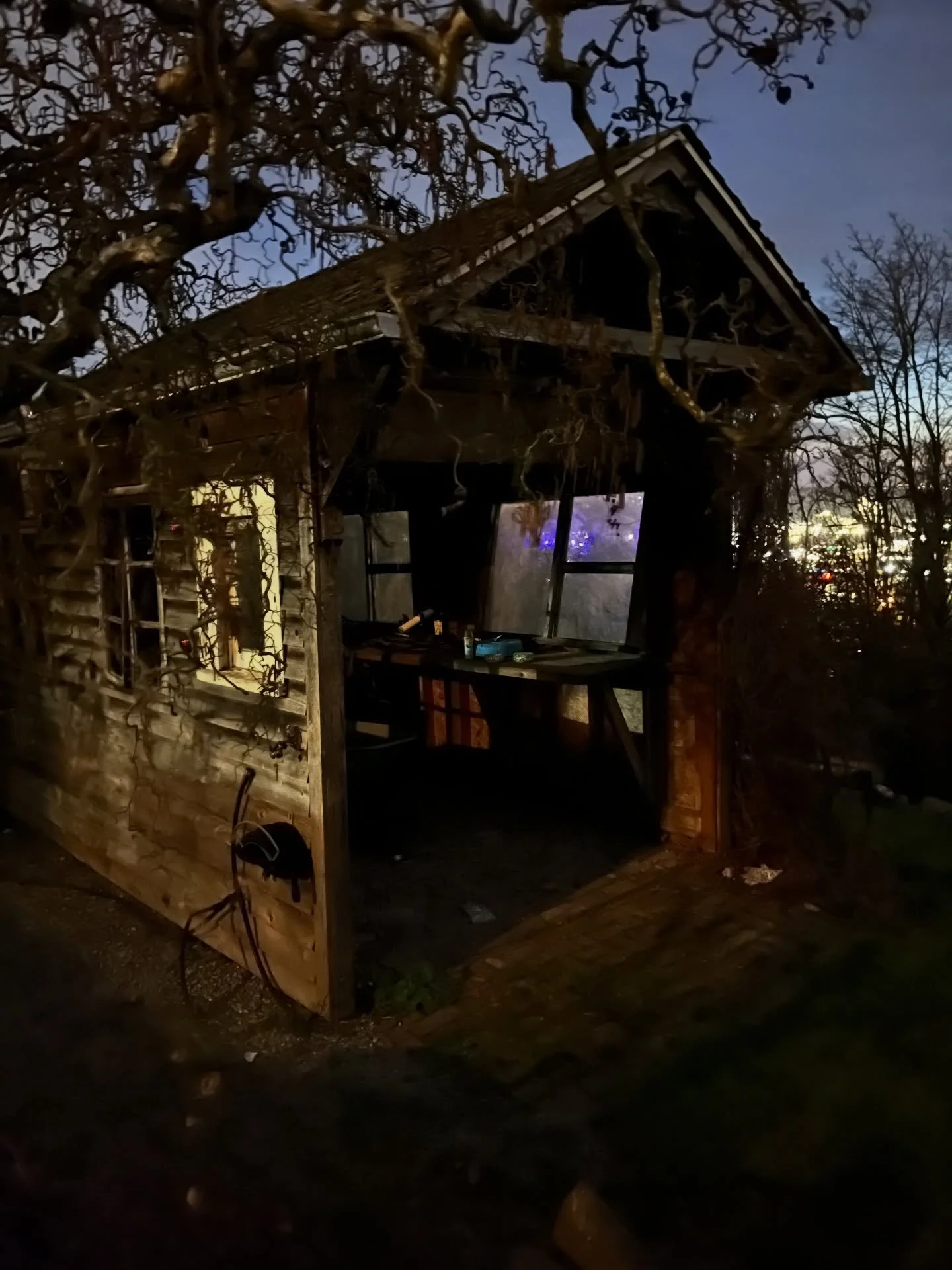 The place we stayed in Seattle this weekend had the most magical little garden, including this very old outbuilding, on a bluff overlooking the lights of the port. I took another set of photos in the daytime that I&rsquo;ll post later, but the nightt