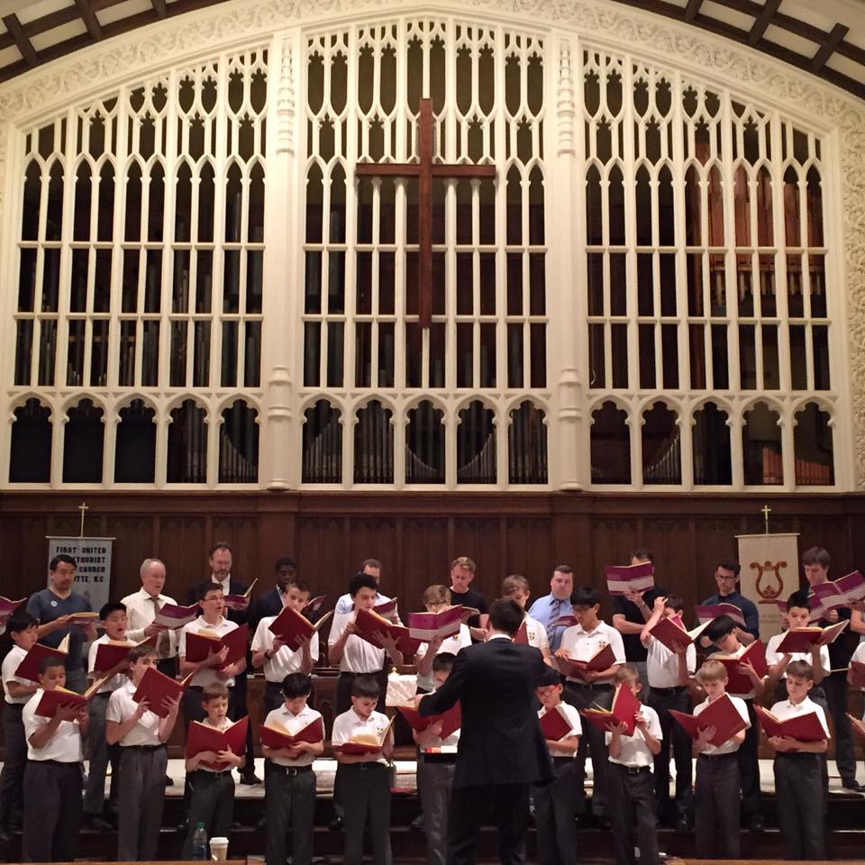  The Saint Thomas Choir of Men and Boys rehearsing.  