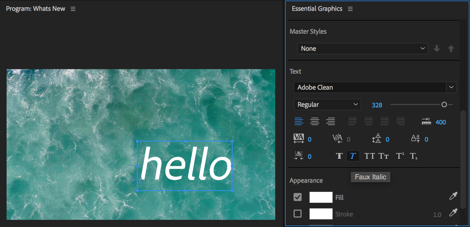 New Faux Styles in the Essential Graphics Panel, from helpx.adobe