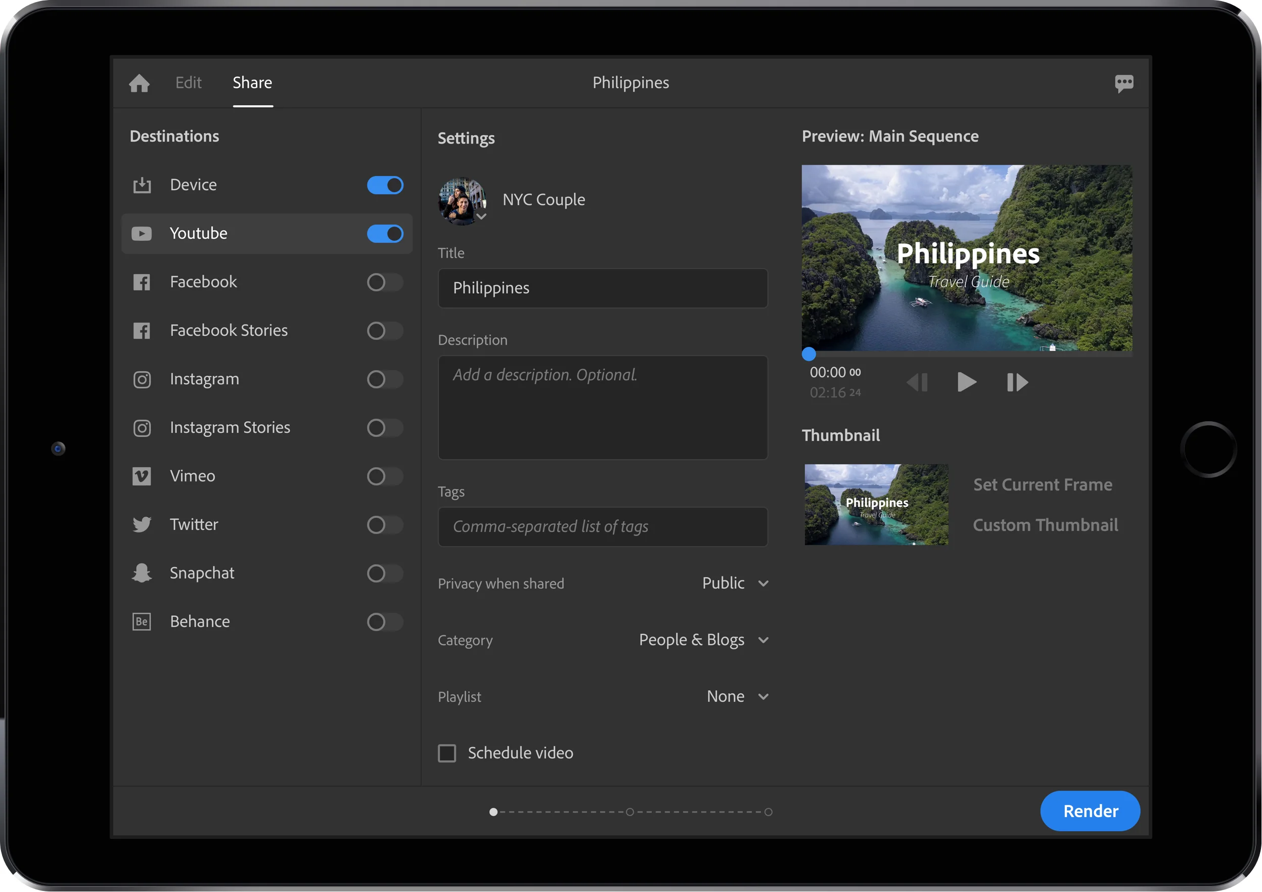 Login to your YouTube channel and prep your video for publishing upon export.