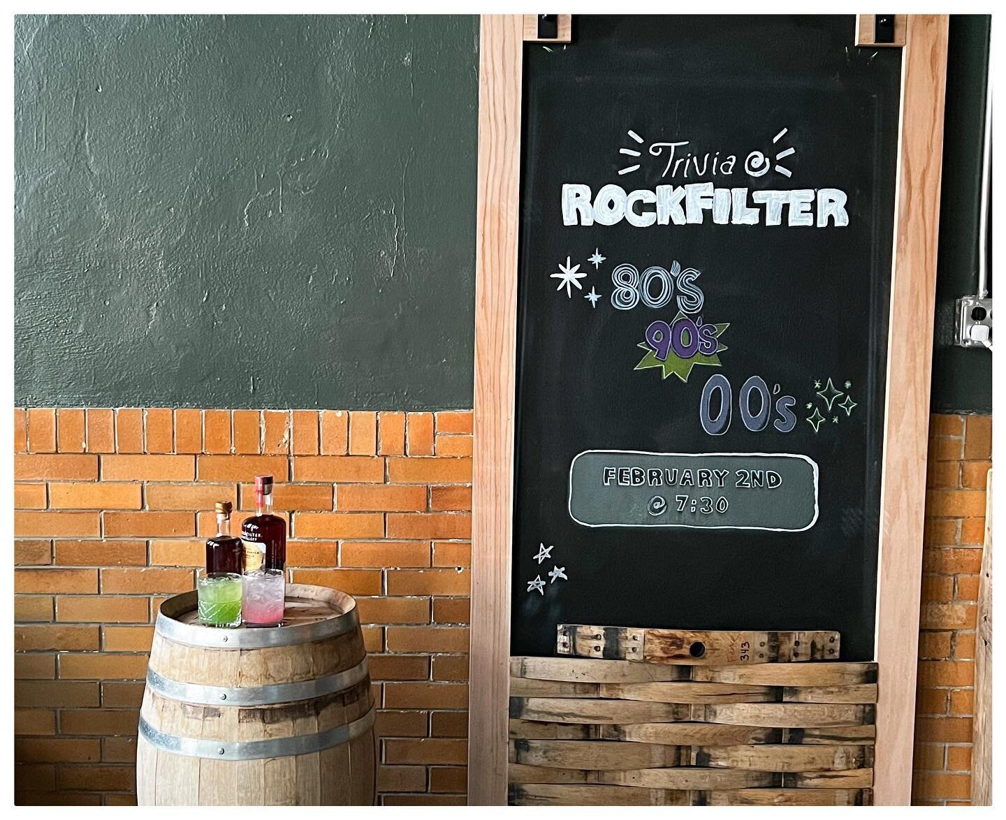 It&rsquo;s trivia week! Come test your knowledge of the 80&rsquo;s 90&rsquo;s and 00&rsquo;s! Bring a team, or join one when you get here! We&rsquo;re open Thursday &amp; Friday 4-10 and Saturday 12-10. #rockfilterdistillery #cheers #trivia #cocktail