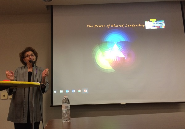 Facilitator Diane Mataraza speaking on sharing leadership. 