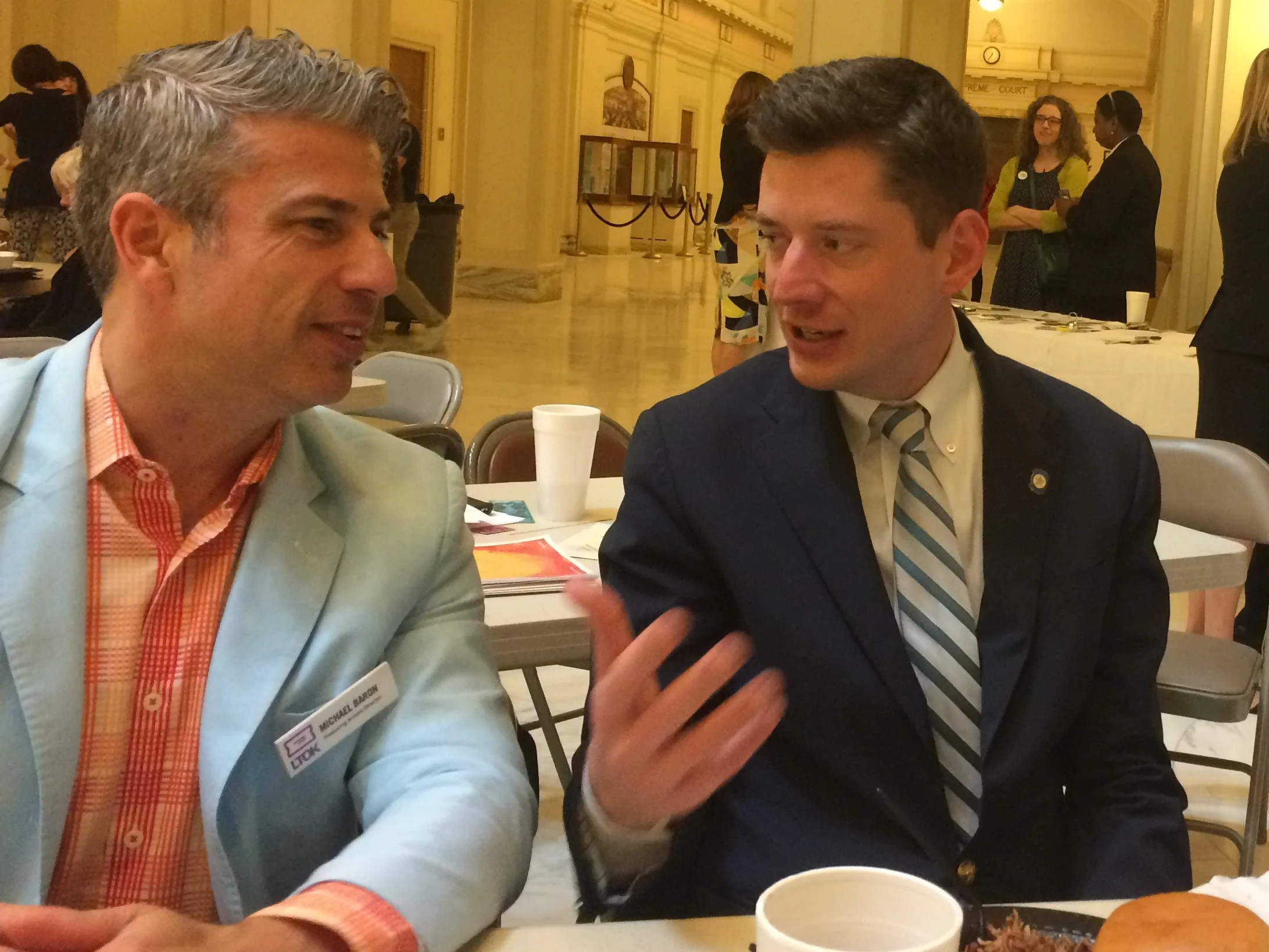 Michael Baron, Artistic Director of Lyric Theatre, talks with Senator David Holt (now Mayor Holt) at Arts Day in 2017.