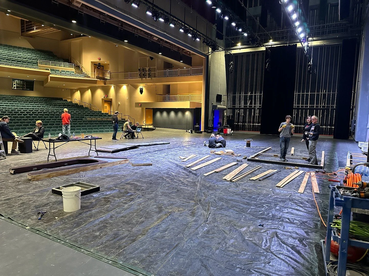 Set build is officially underway! ❄️
On the weekends, we take to the stage&mdash;literally. It&rsquo;s the only place big enough to work on large set panels like these.

🎟️ https://brightonmusical.com/
❄️ Frozen: March 13&ndash;15 &amp; 20&ndash;22