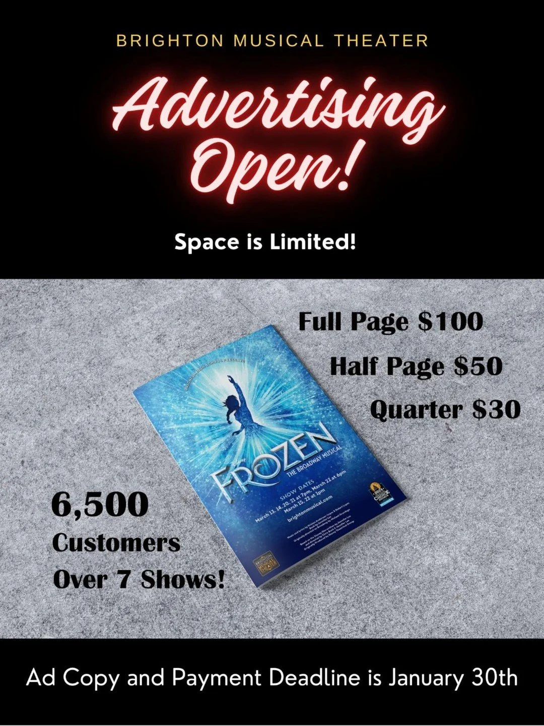 Looking to advertise in our show program? 👀✨
It&rsquo;s a great way to support Frozen and connect with our amazing community.
📅 Deadline: January 30
👉 Learn more here: https://ow.ly/PeCY50Y4uOh