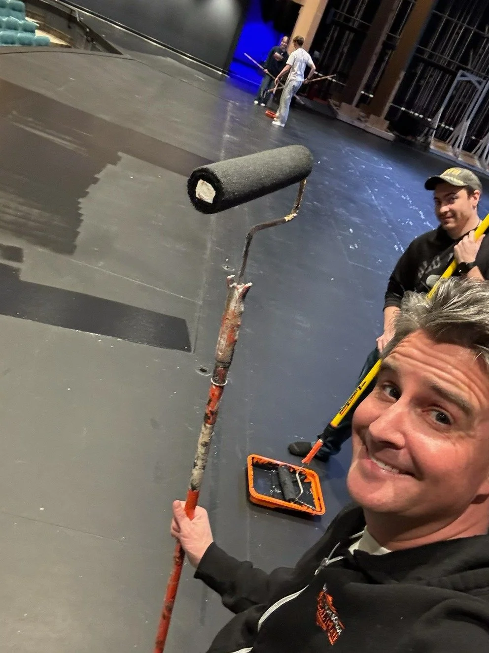 When past musicals come back to haunt you 😅🎭
Remember when we painted the stage floor white for Anastasia?
It&rsquo;s time for a fresh coat of black before our all-day rehearsal this weekend&mdash;here we go! 🖤✨

🎟️ https://brightonmusical.com/

