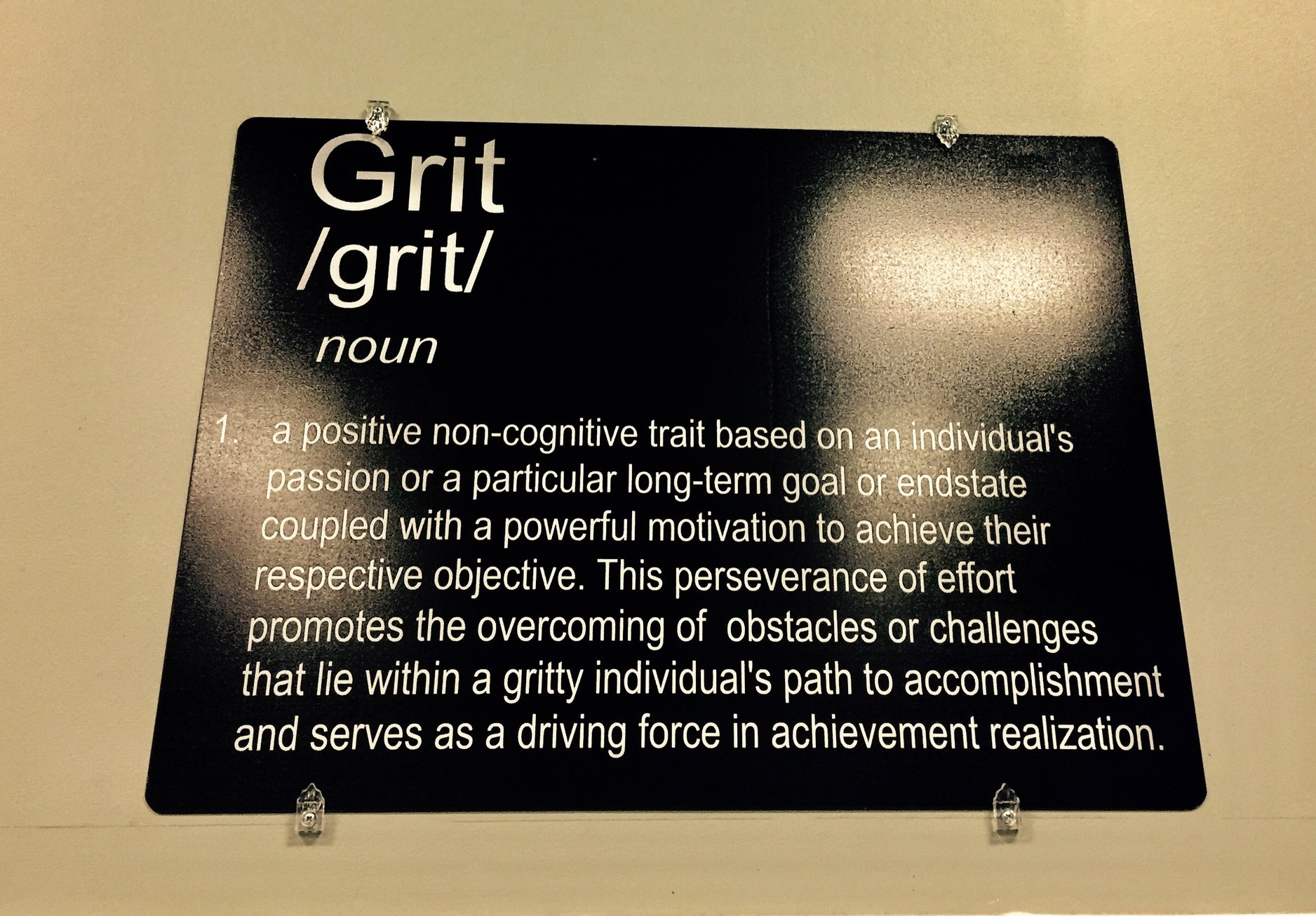 Grit: noun 1. a positive non-cognitive trait based on an individual's passion or a particular long-term goal or end state coupled with a powerful motivation to achieve their respective objective. This perseverance of effort promotes the overcoming of obstacles or challenges that lie within a gritty individual's path to accomplishment and serves as a driving force in achievement realization 