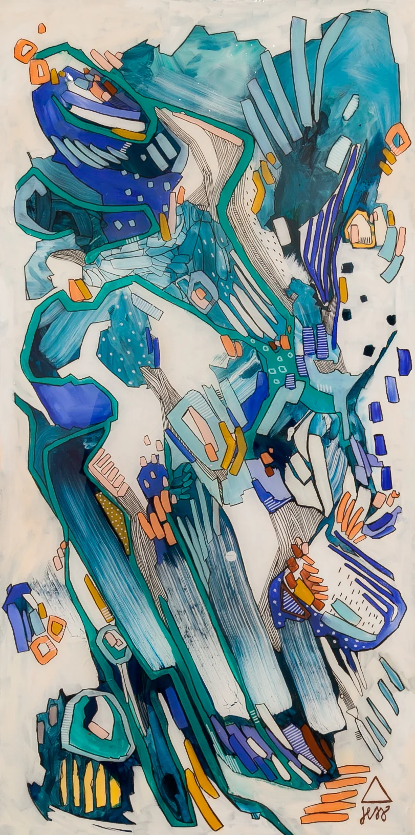 Jess Tinsley (Germantown, TN) Rolling Seas , 2019 Medium: Mixed media Dimensions: 36x48 inches “This piece is about the majesty and beauty of the world around us - in the hopes that it will inspire people to pay attention to the intricacies & majesty of the world we often take for granted. I hope it inspires thought, questions, & imagination. Each piece begins with a first layer acrylic wash, followed by a layer of heavy body acrylic paint, which adds texture and depth, and a layer of organic lines in ink. Finally, a layer of resin is added for a beautiful reflective quality.” – Jess Tinsley