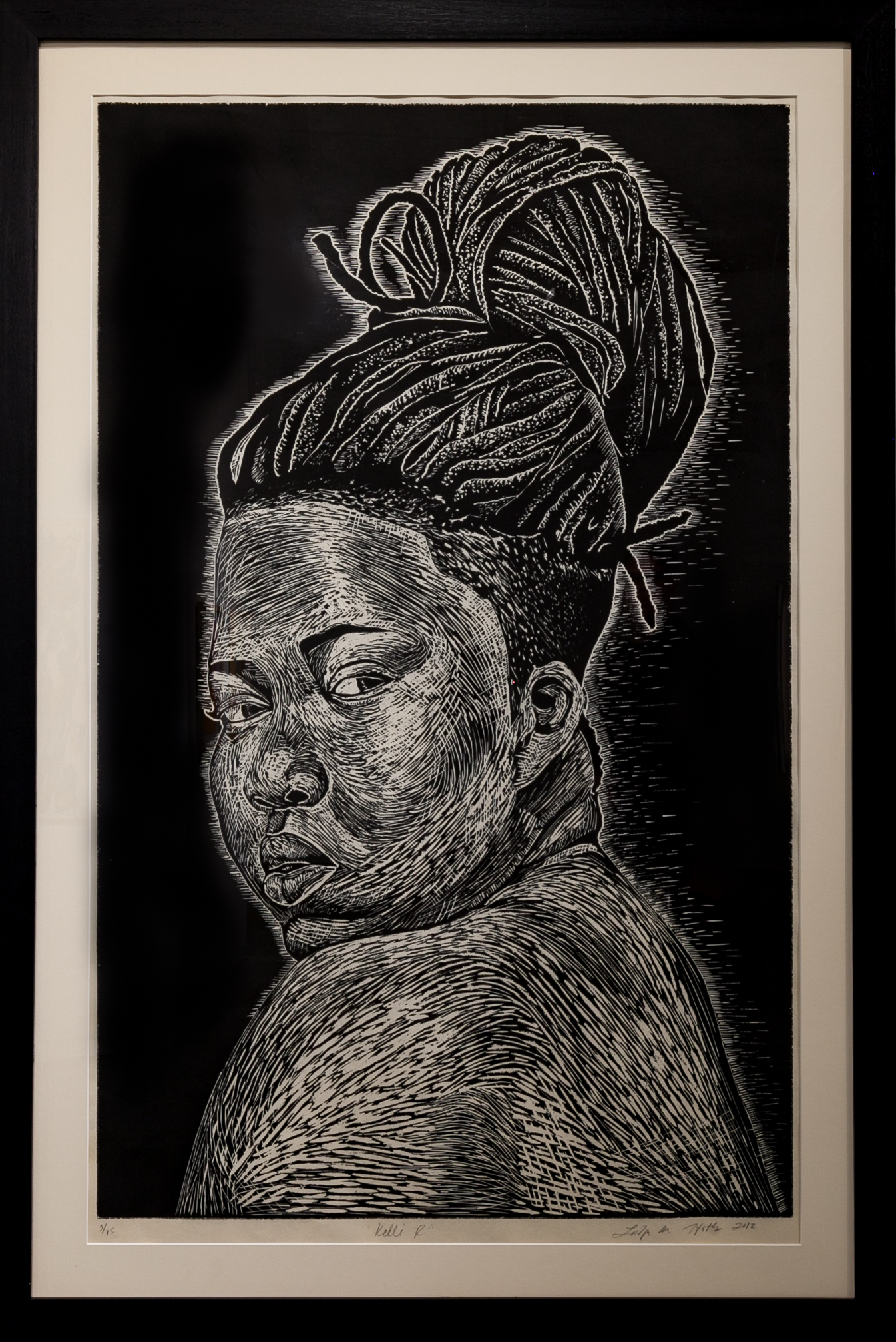  LaToya M. Hobbs   Kelli R. , 2012  Medium: Woodcut on paper  Dimensions: 50x34 inches  “ Kelli R.  is from my ‘Beautiful Uprising Series’, which investigates the intersection of race, beauty, and identity among women of the African Diaspora in an at