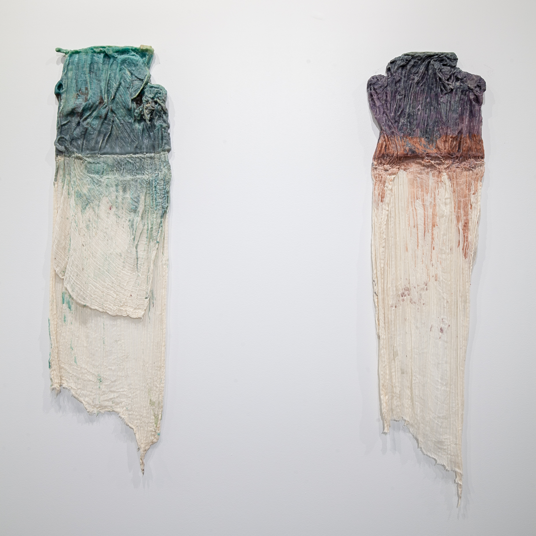  Lacy Mitcham Veteto (Memphis, TN)   Soft Skeleton  (Diptych), 2018  Medium: Cheesecloth and wax  Dimensions: 63x30 inches each    “ Soft Skeleton  was made through a process of casting and carving wax to expose the internal structure of undulating f