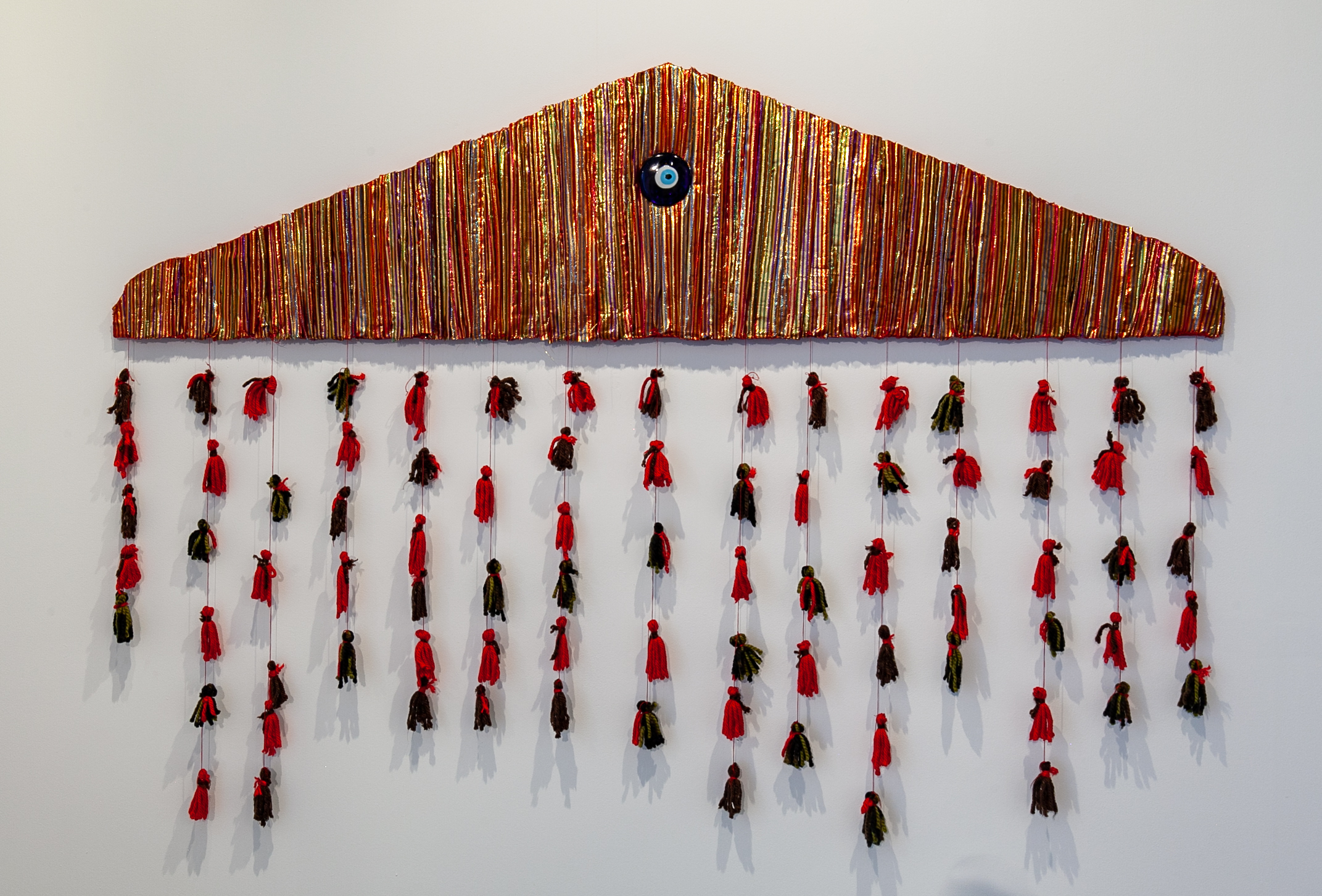  Nuveen Barwari (Nashville, TN)   House Wife , 2018  Medium: Fabric, acrylic paint, glass, and yarn on wood  Dimensions: 58x83 inches  “This piece was inspired by the Kurdish women presiding in my life. For years, I have watched members of my family 