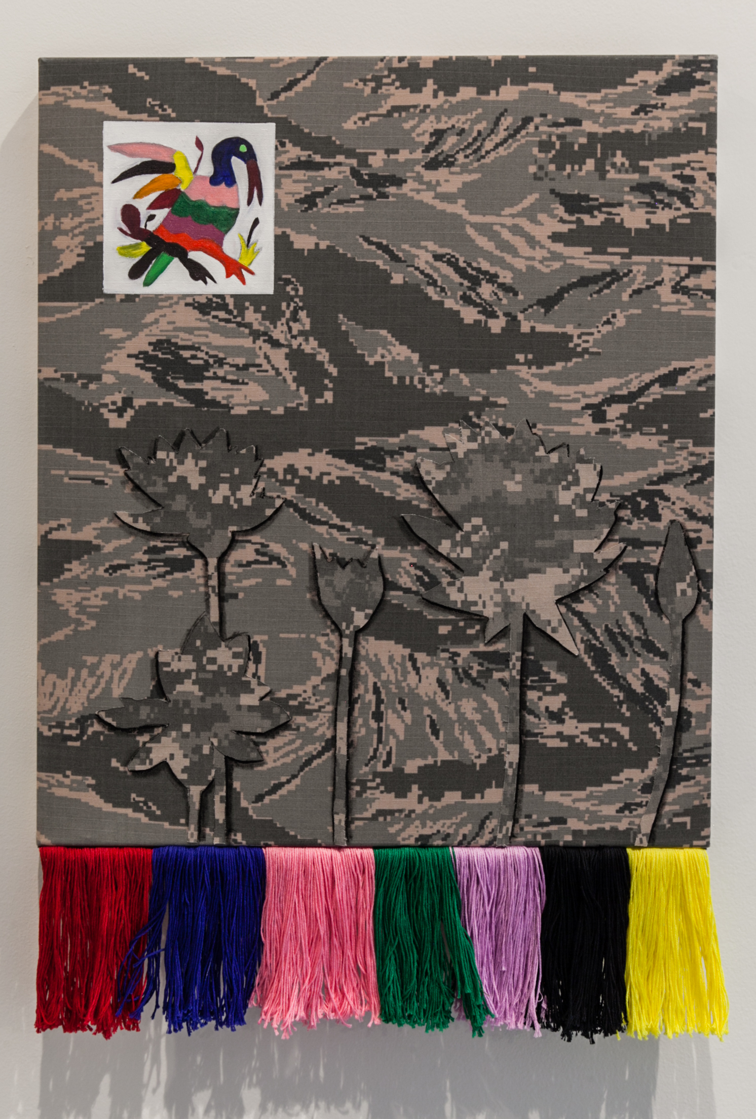  Erick Antonio Benitez (Baltimore, MD)   Half the Gradient Hugs the Wall , 2018  Medium: Oil, acrylic, and embroidery on stretched camouflage fabric  Dimensions: 24x17 inches     