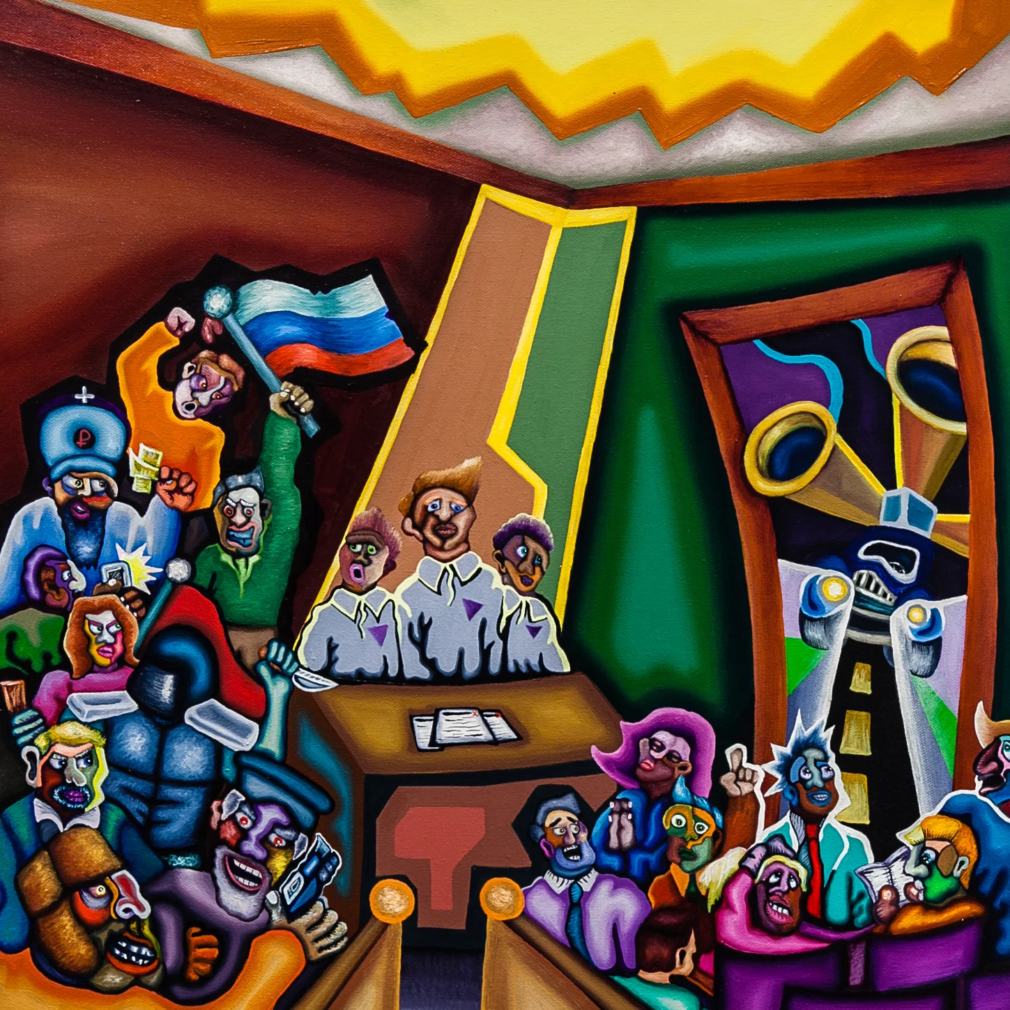 Clay Palmer (Rutherford, TN) Aftermath of Gobitis , 2016 Medium: Oil paint on canvas Dimensions: 36x48 inches “This work is a historical painting about the persecution that affected Jehovah's Witnesses in America during the 1940's following the Minersville School District v. Gobitis Supreme Court case.” – Clay Palmer