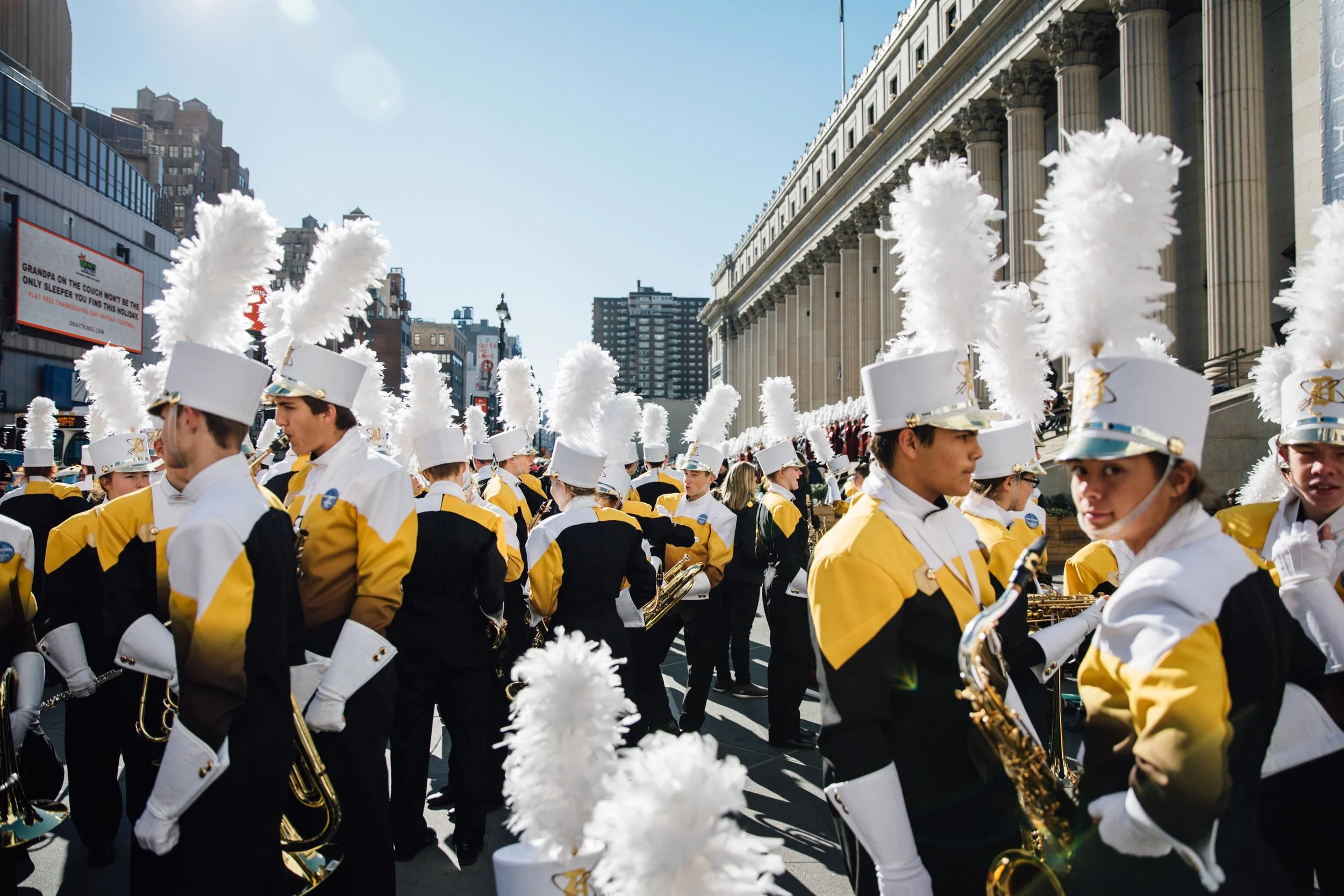 A marching band in the Macy’s Thanksgiving Day Parade congregate outside the James A. Farley Post Office Building, New York, USA. 23rd Nov 2017.