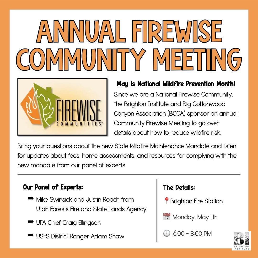 Annual Firewise Community Meeting

📍Brighton Fire Station

📅 Monday, May 11th

🕖 6:00 - 8:00 PM

Join us as we get updates about fees, home assessments, and resources for complying with the new State Wildfire Maintenance Mandate from our panel of 
