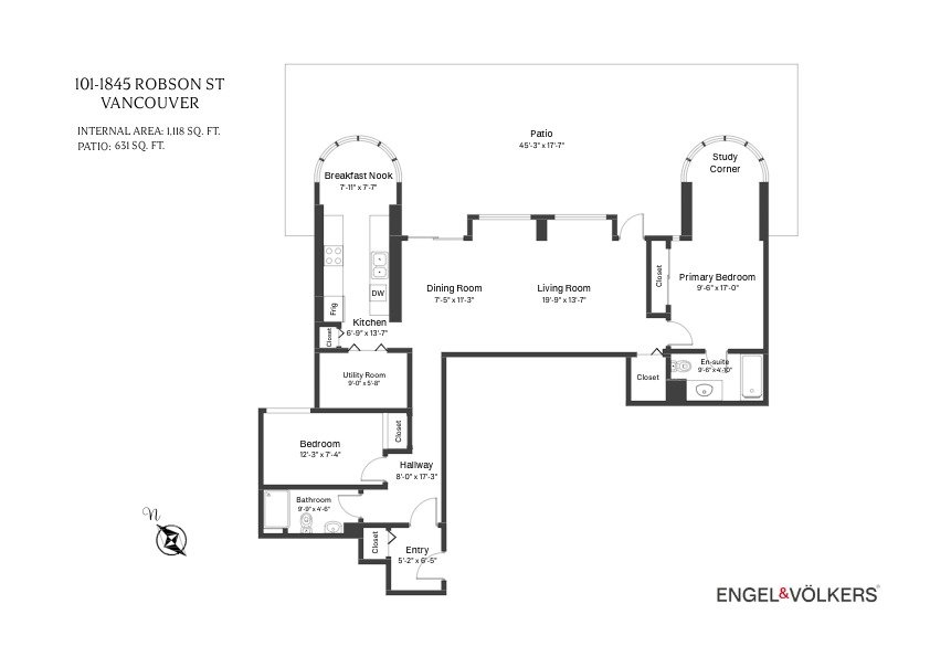 Image of a floorplan for 101 1845 Robson Street in Vancouver's West End. The floorplan shows a large patio and two rounded design corners.