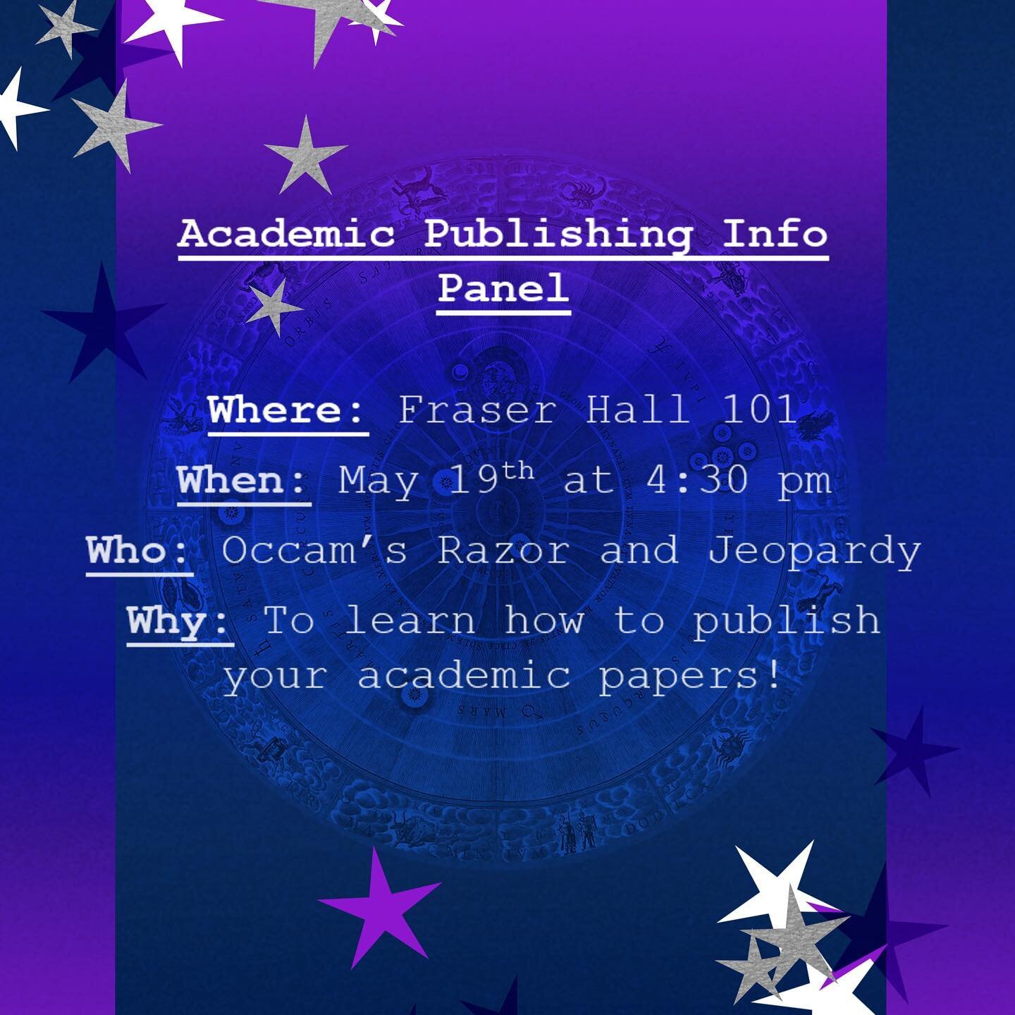 Interested in doing something with that research project from last quarter you worked so hard on? Learn the ins and outs of academic publishing at the Occam's Razor/Jeopardy Academic Publishing Panel next Friday! 

Occam's Razor and Jeopardy are host