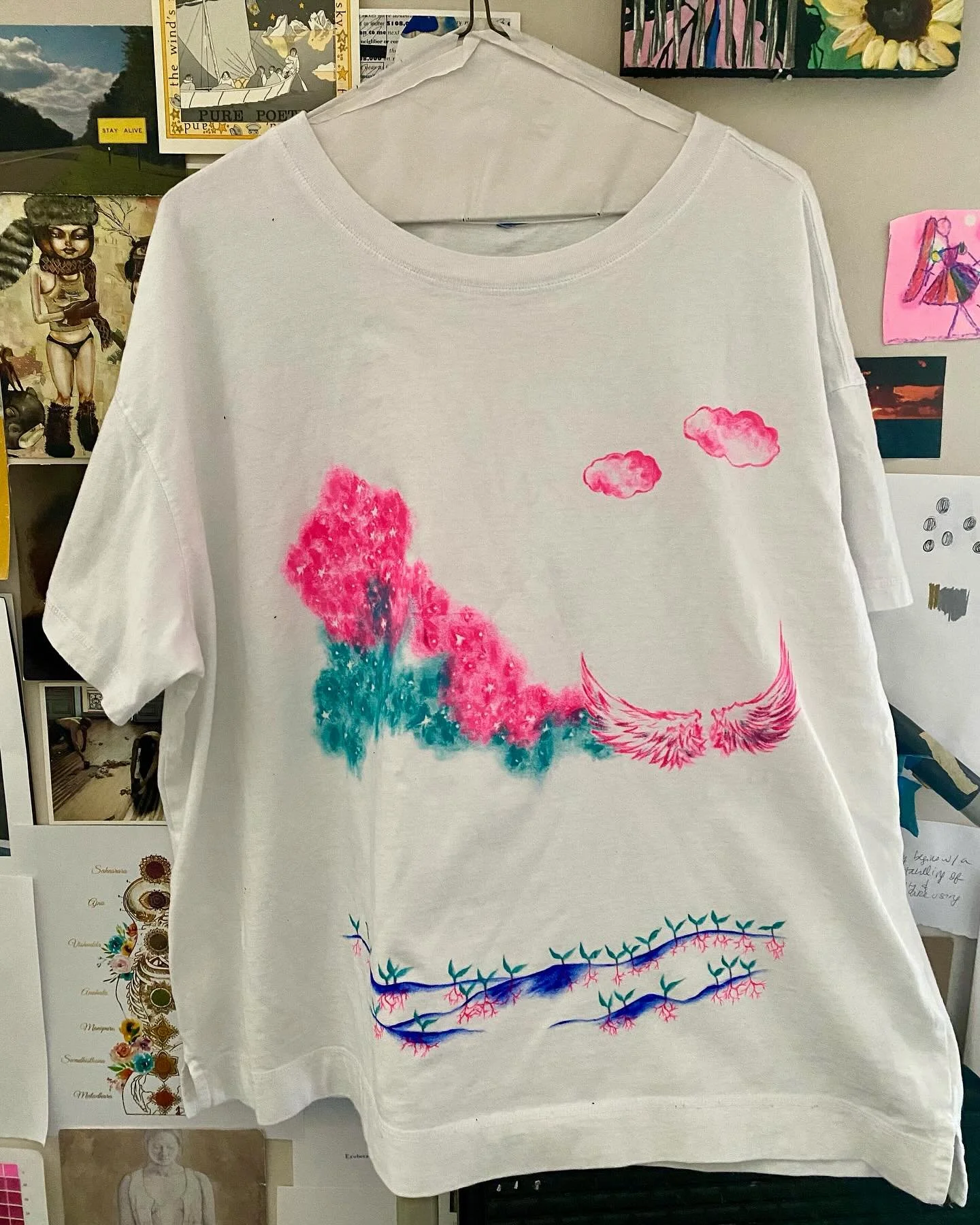 hand painted shirts and drawings are up and available at @dunesgallery 💓 
these pieces are siblings to one another within the series, but also live on their own as individual little worlds.  exhibiting them in @dunesgallery has them speaking to one