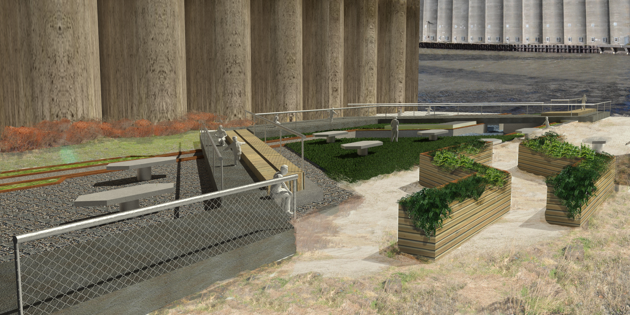 Sunken gardens, raised platforms, and informal tables encourage multi-use spaces