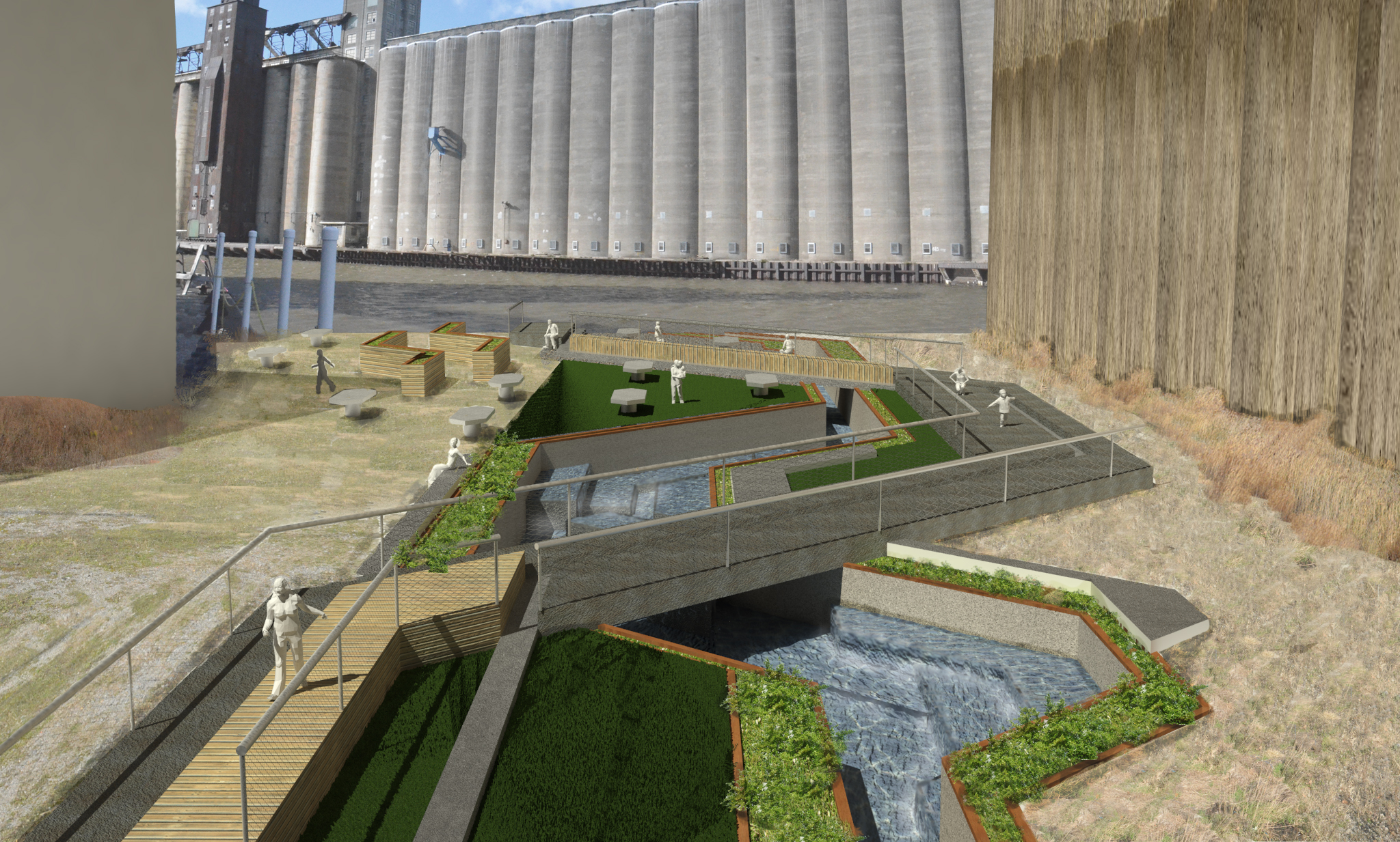 Bisecting walkways and waterways run throughout the site