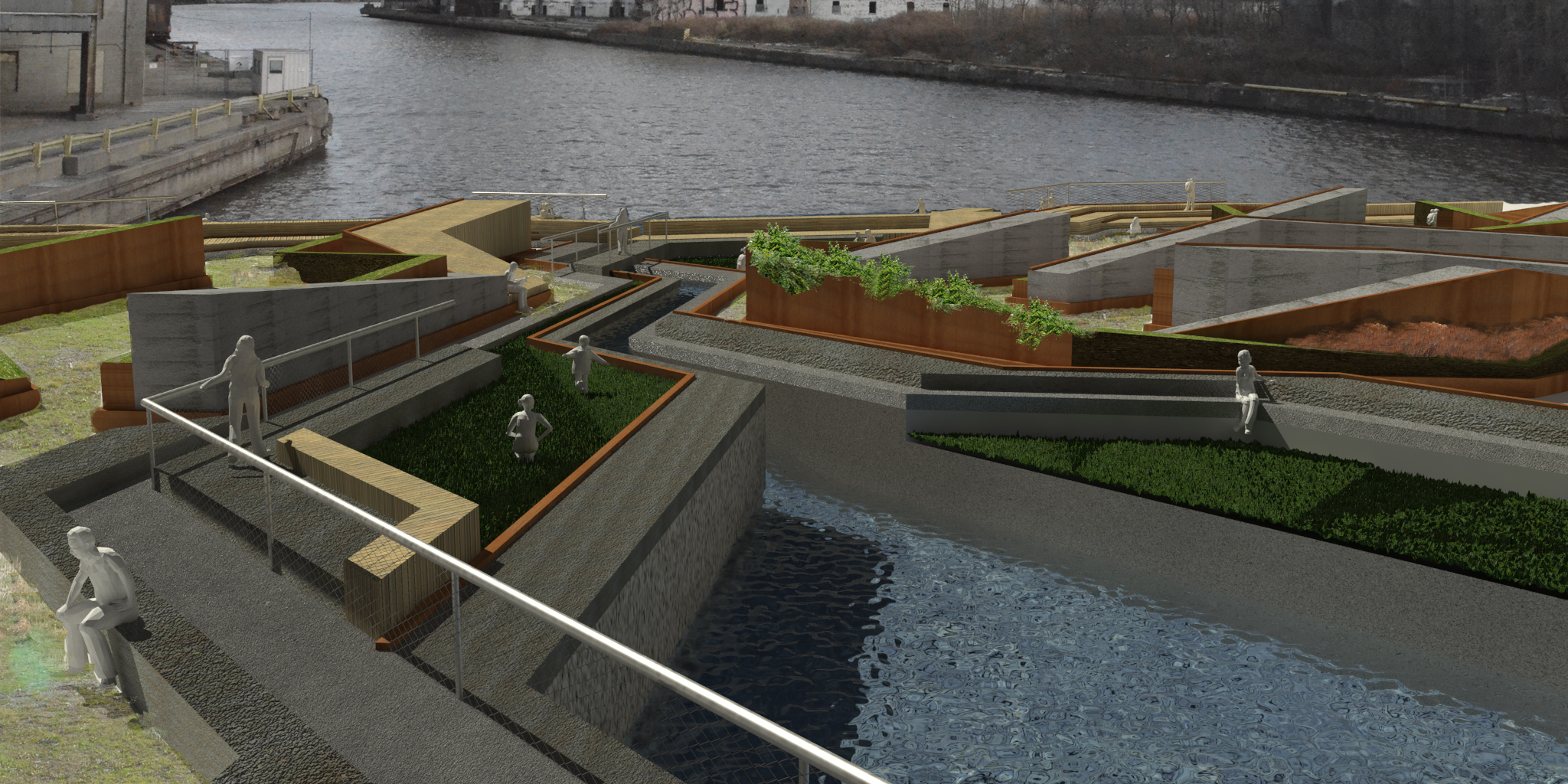 In some places, the canals open up to create larger pools surrounded by sunken lounge spaces