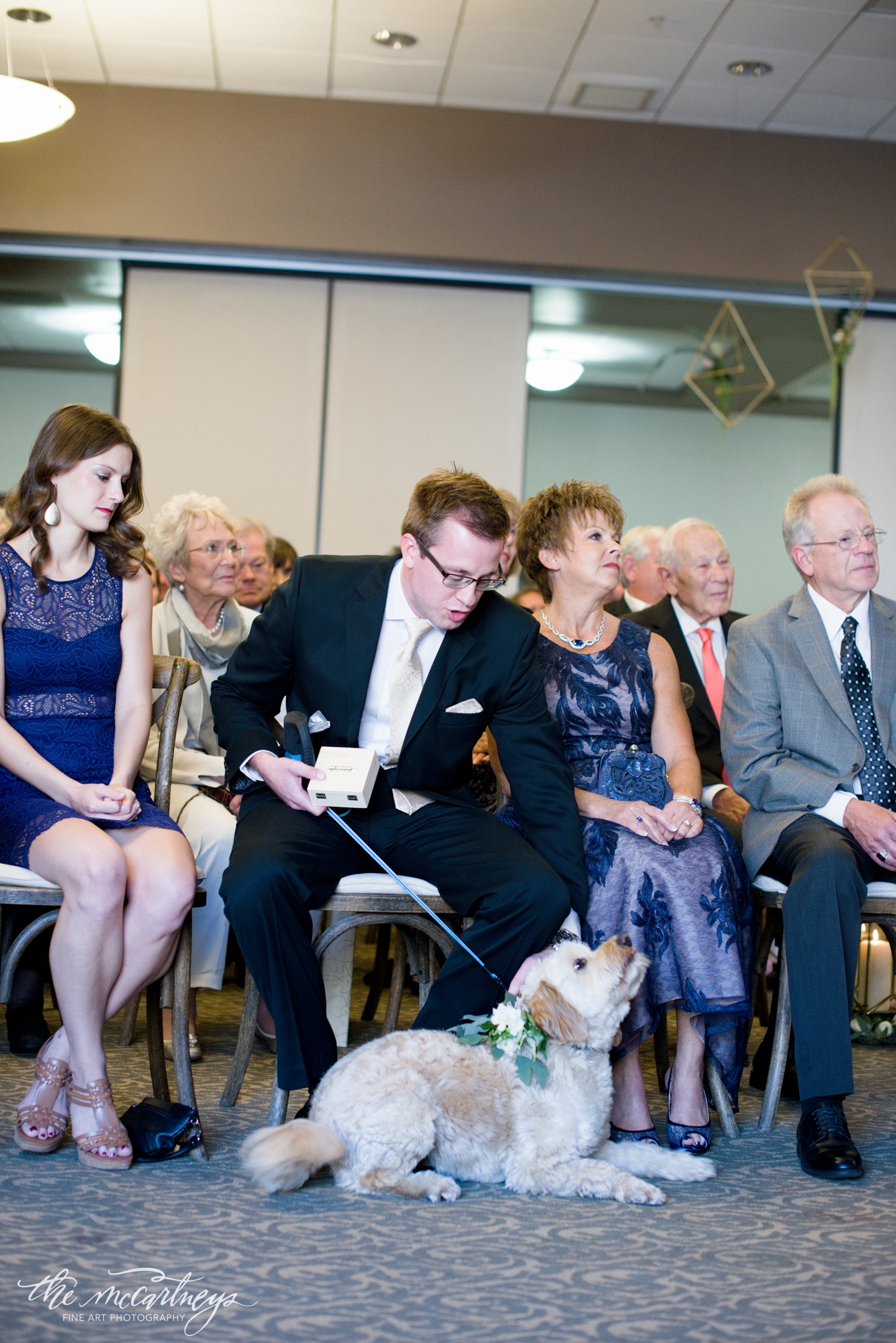 We were nervous to have babies attend the ceremony, we didn't want them to cry! Then our fur baby ended up whining during the ceremony! He hadn't seen me all day, and just wanted to be up by us. In hind sight we should have had him off the leash, but he still did a great job as ring bearer! 