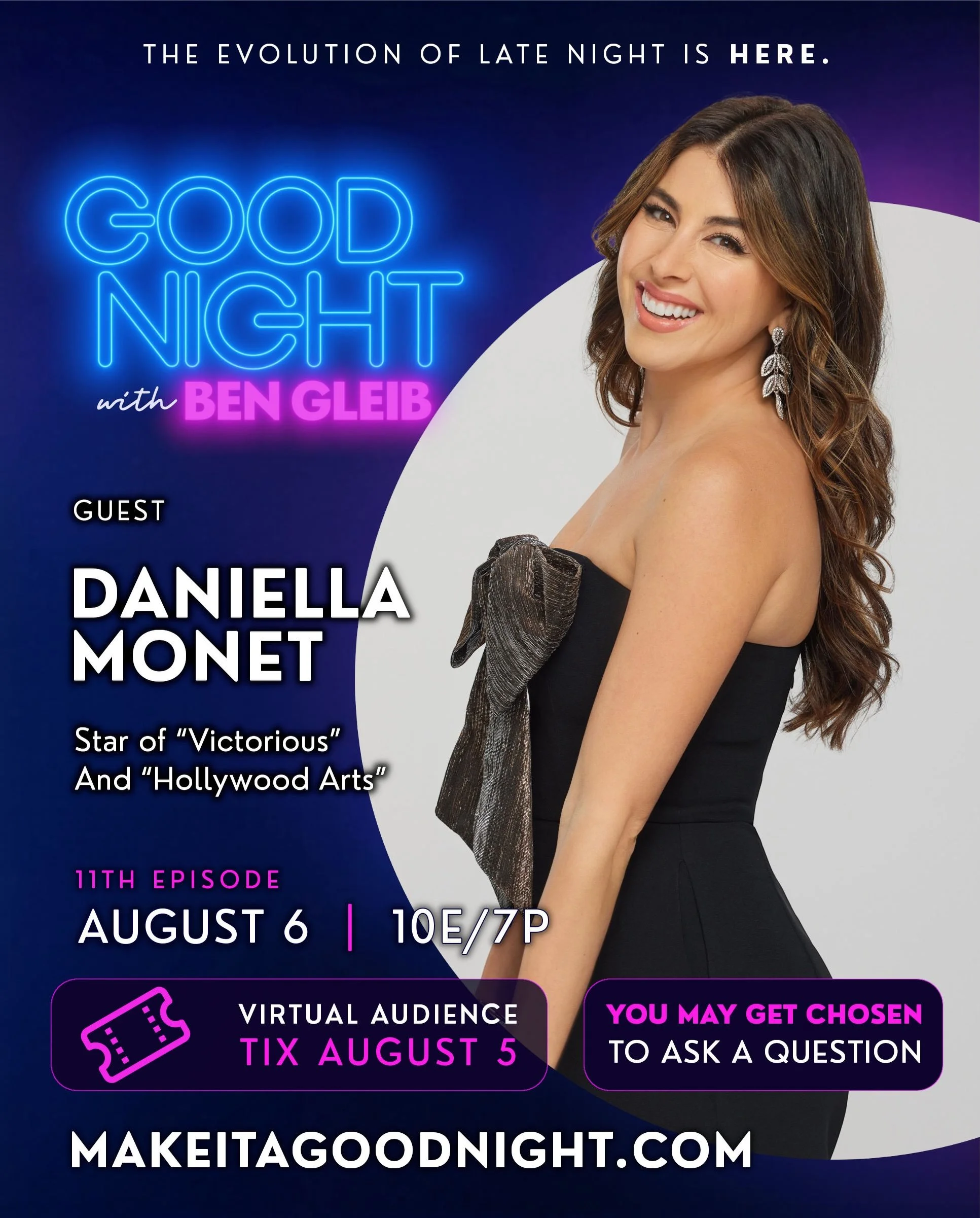 Joining us TONIGHT on Good Night with Ben Gleib!

Actress @daniellamonet , star of Victorious and Hollywood Arts

Bestselling author &amp; personal finance expert @anthonyoneal 

Plus, comedians Randy Sklar @sklarbrothers and @rachelscanloncomedy are