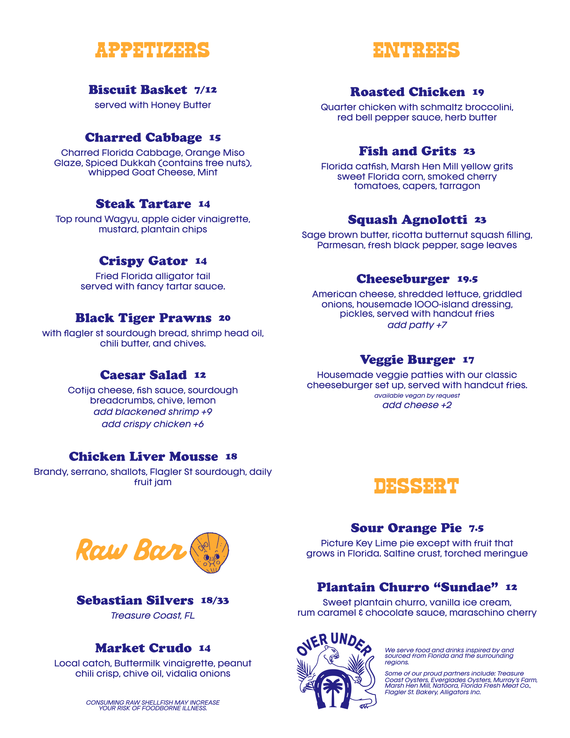 Over Under food menu: appetizers, raw bar, entrees and dessert, with our Florida partners