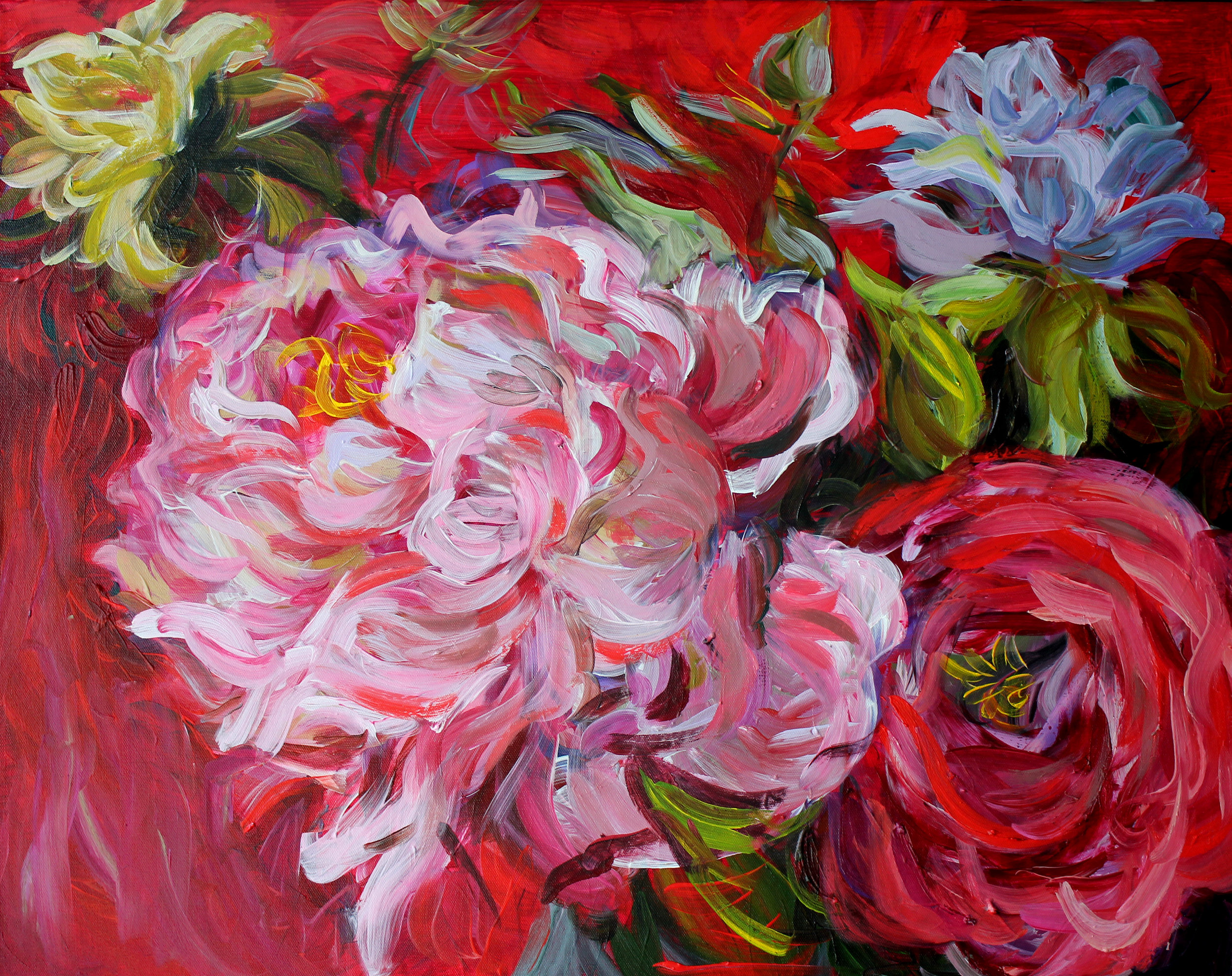 Peonies on Red 24' x 30' (sold)