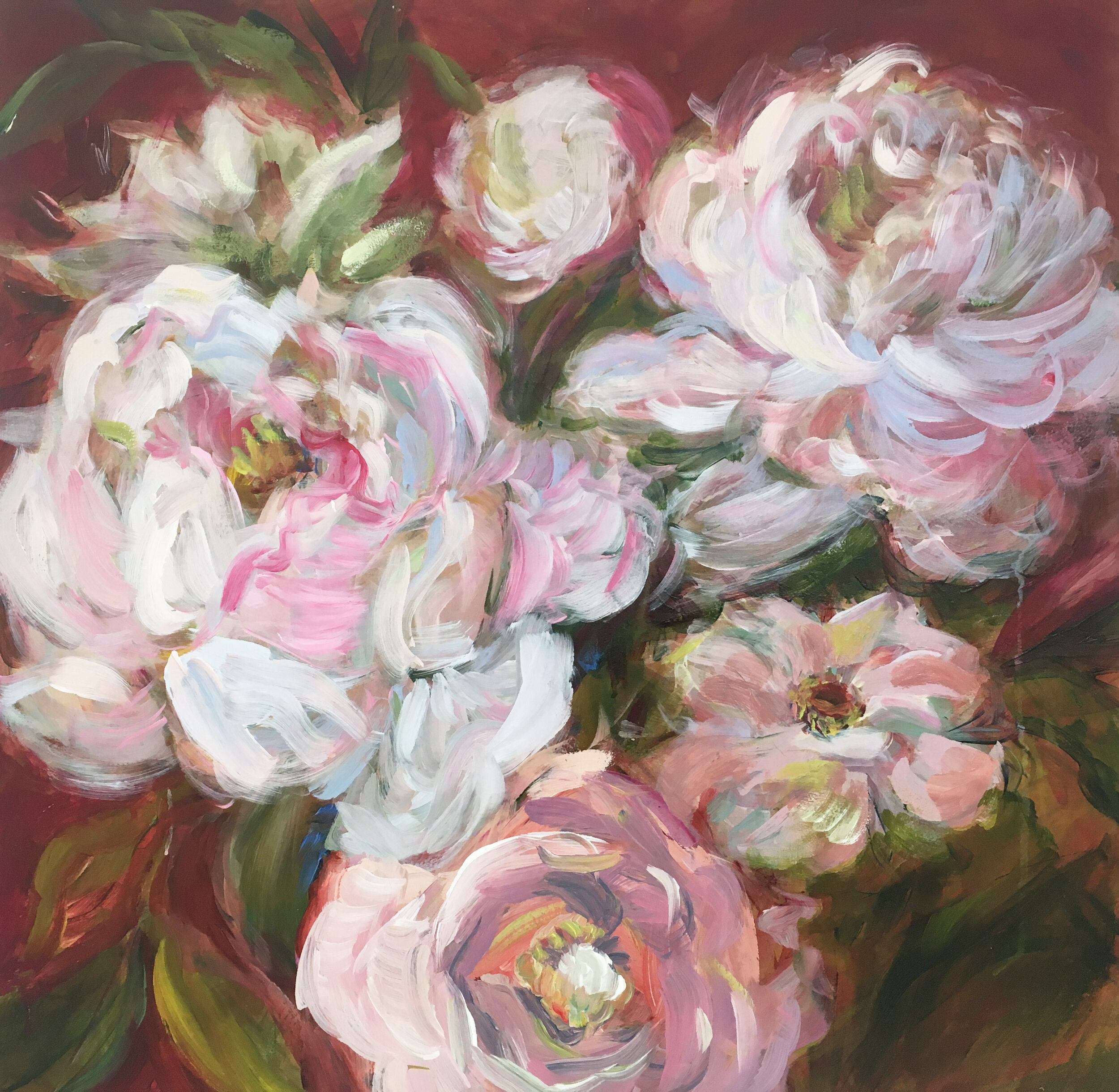 Peonies on Deep Red 24' x 24' on board