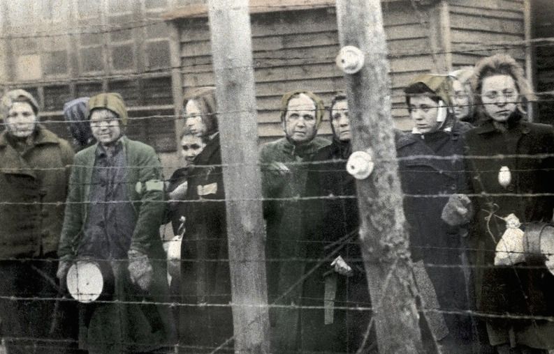 Women of many ages stand at a barbed wire fence. They are all bundled in winter coats, hats, and gloves. The image is bleak.