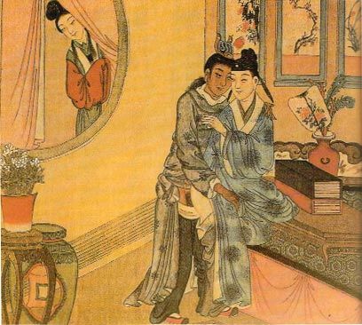 A painting of a woman spying on two men having sex. The piece is from the Qing Dynasty.