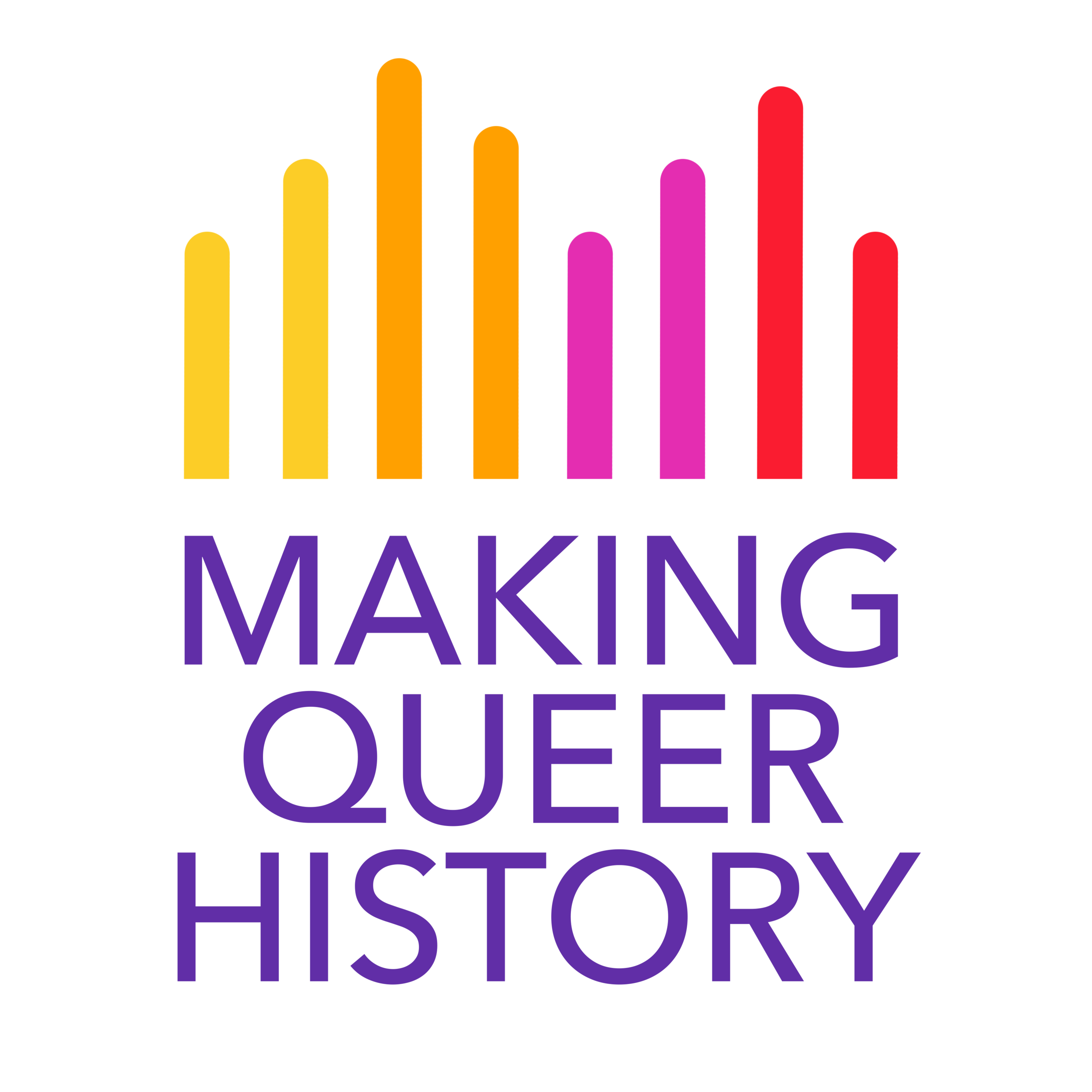Yellow, orange, pink, and red bars representing a timeline and sound levels. Below, purple text reads "Making Queer History"