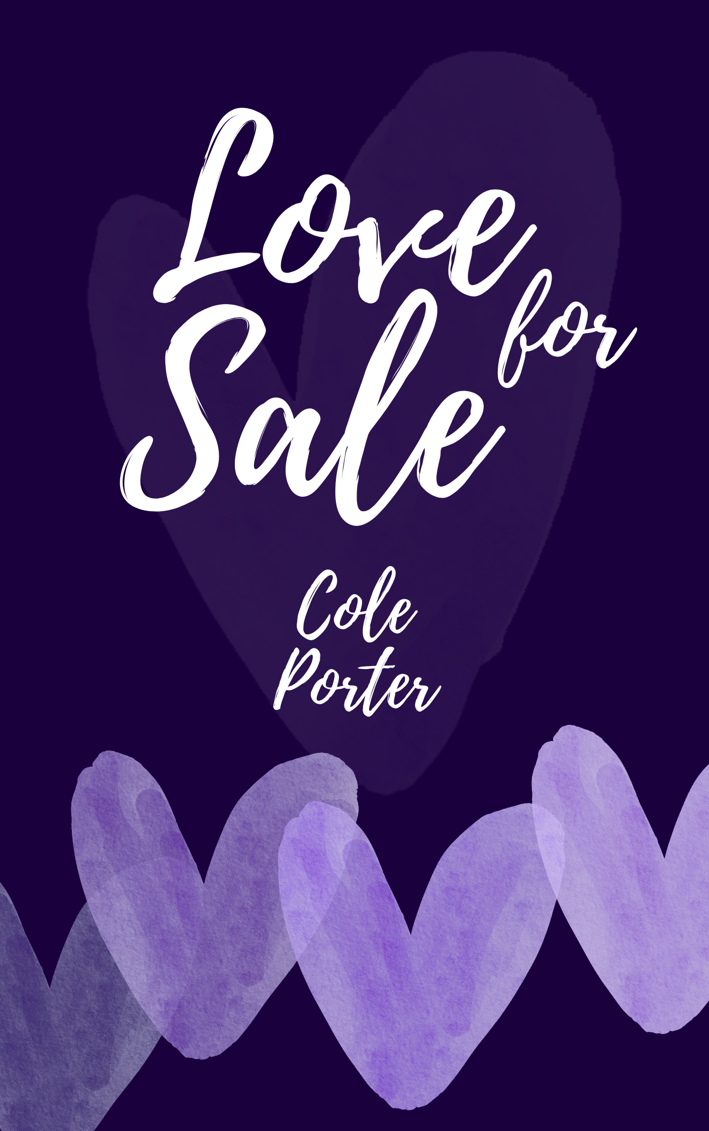 White text on a purple heart covered background says "Love for Sale. Cole Porter"