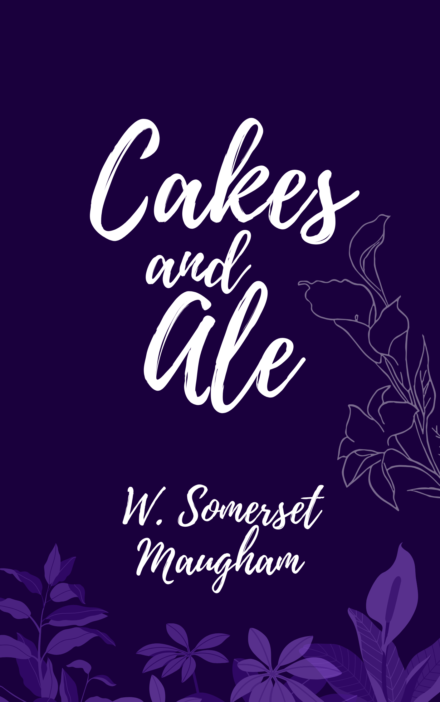 A purple and white book cover for Cakes and Ale by W. Somerset Maugham.