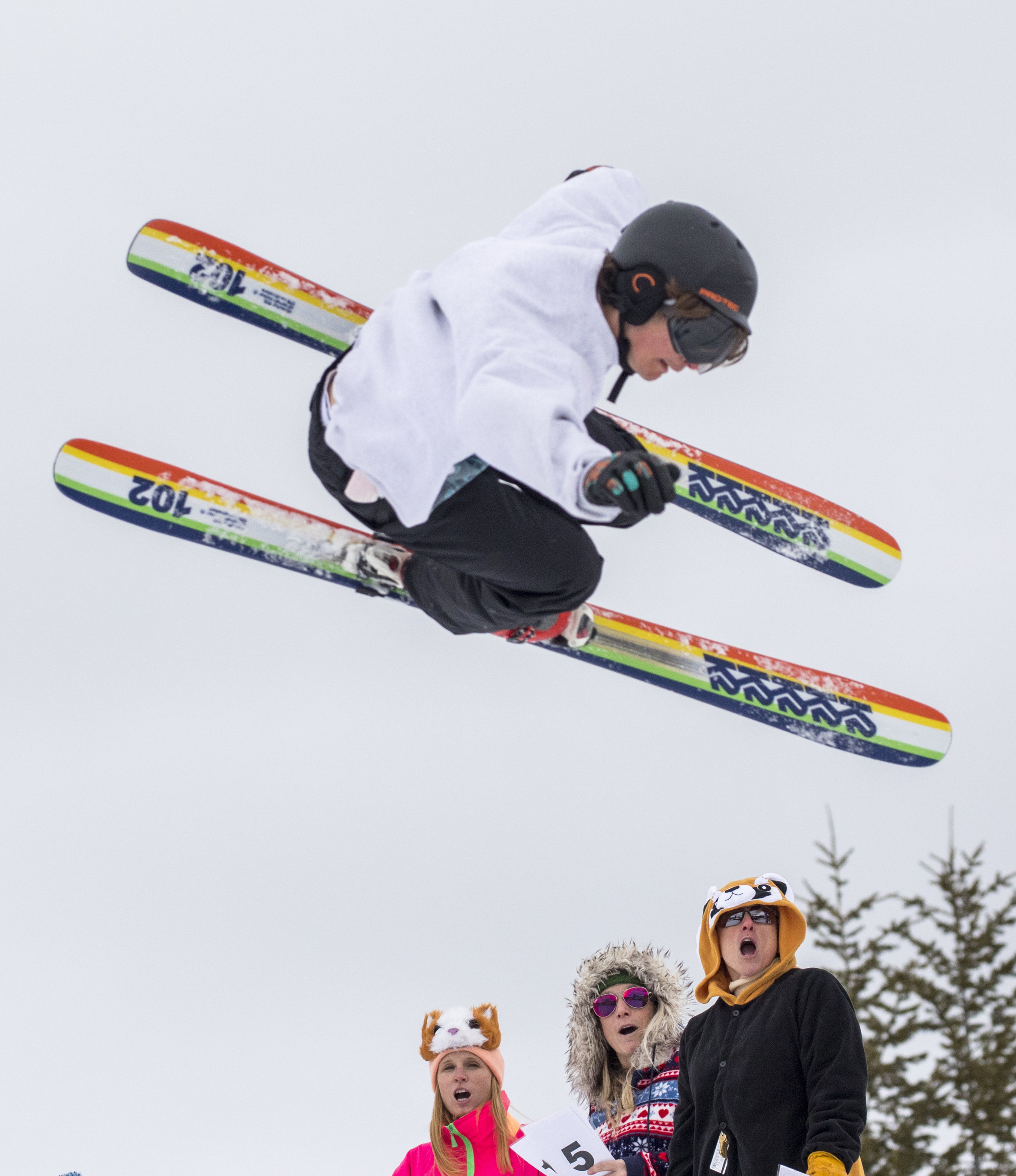  Tyler Smith impresses judges Steph Buelow, Beth Byrd and Traci Prenot Friday during the Sick Trick competition at Grand Targhee Resort on March 30, 2018 in Alta, Wyo. 