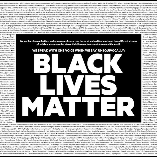 We are proud to be one of the 600+ Jewish organizations, synagogues, and congregations that signed this @nytimes ad declaring unequivocally: Black Lives Matter. There have always been Black Jews in movements for Black liberation and in Jewish communi