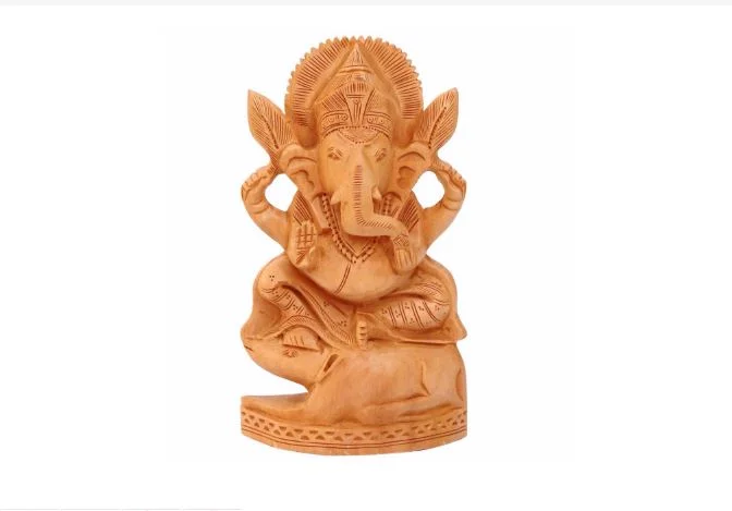 DECORATIVE WOOD CARVED HINDU LORD GANESHA STATUE